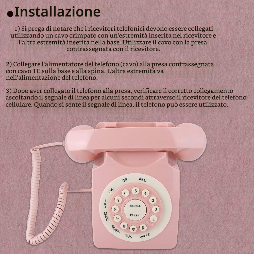 Telefono vintage rosa, telefono fisso retrò ad alta definizione di qualità per chiamate con filo Stile vintage per ufficio a casa Rosa classico europeo antico con filo con grandi