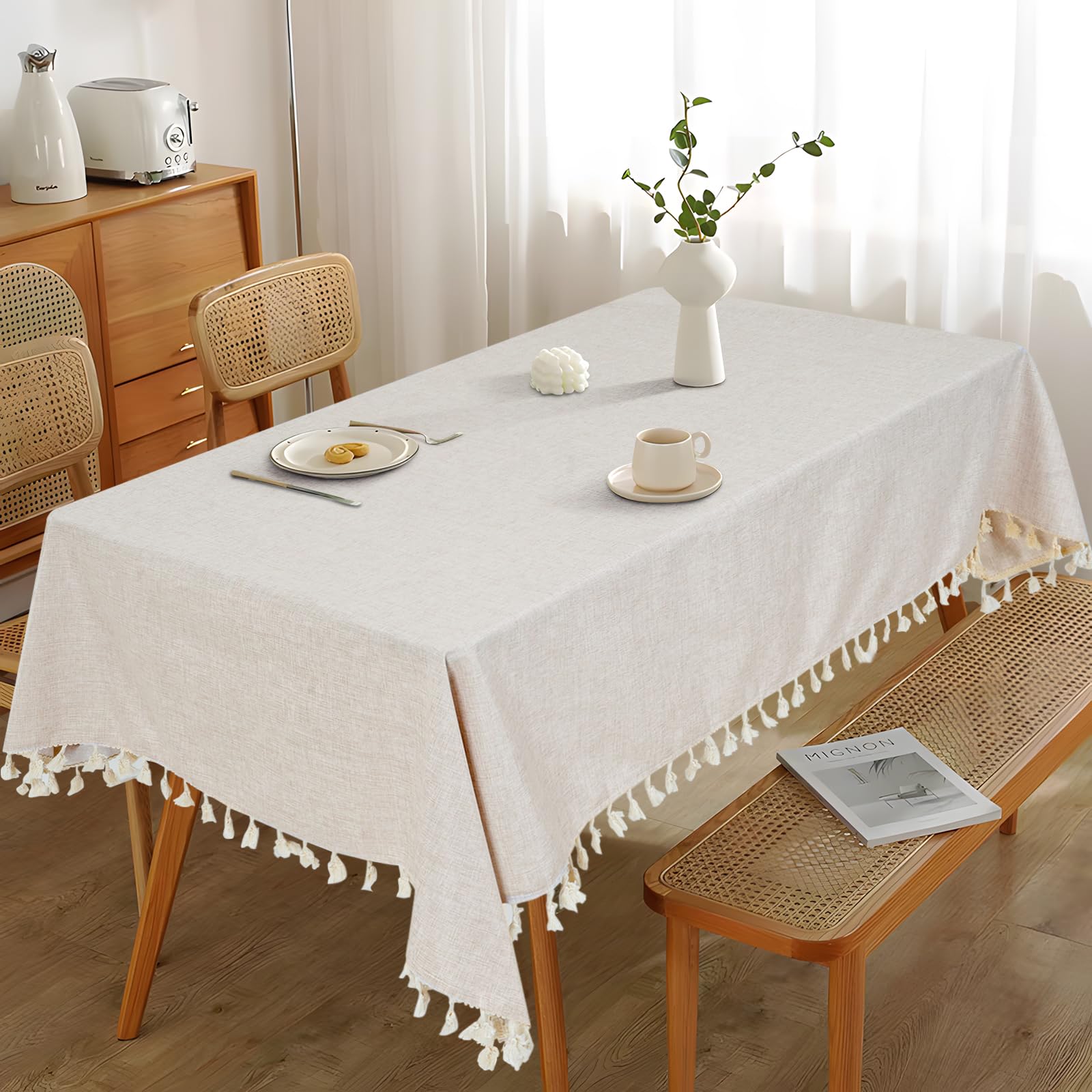 Eternal Beauty Rectangle TableCloth Cotton Faux Linen Table Cloth Wipe Clean Table Cover Tassel for Home Dining Party Restaurant Decoration(140x220cm, Beige) — image 1