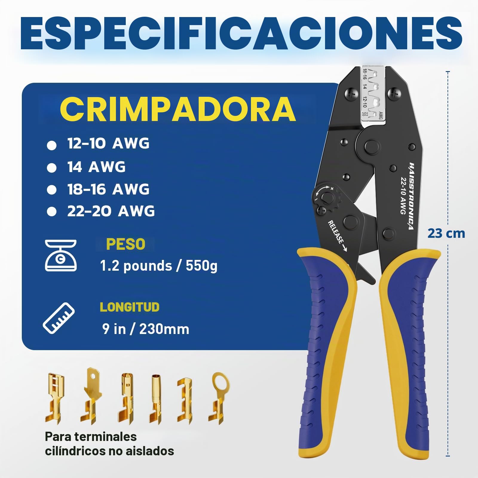 Haisstronica Crimpadora para Terminales Planos 0,5–6 mm² AWG 20–10, Conectores Tipo Spade, Alicate de Crimpado