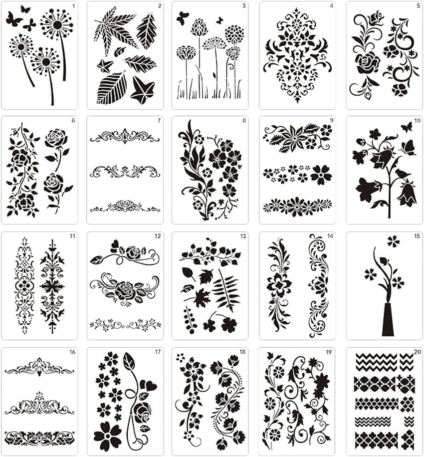 20 Pieces Butterfly Floral Flower Stencils for Painting on Walls Canvas DIY Craft Scrapbooking Stamp Decor Card Making