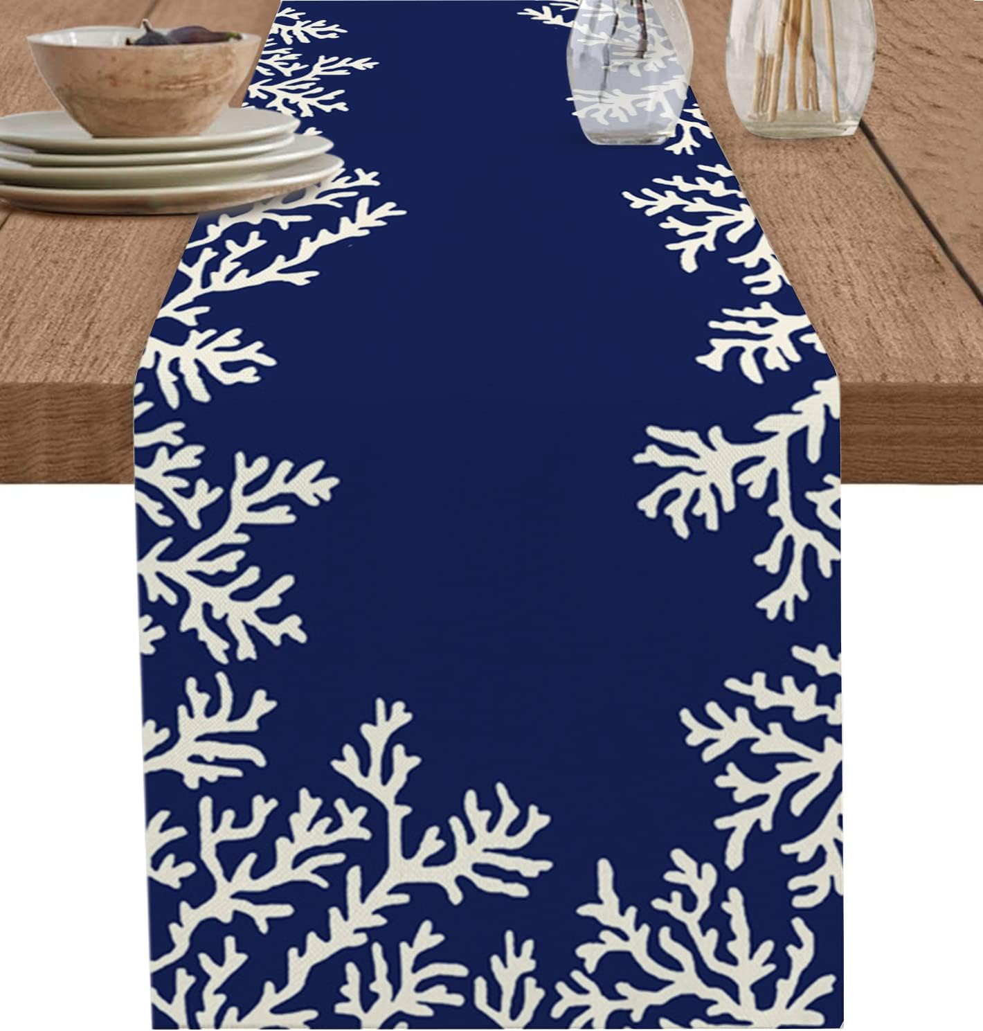 Sea Coral Table Runner 36 Inches Long, Cotton Linen Kitchen