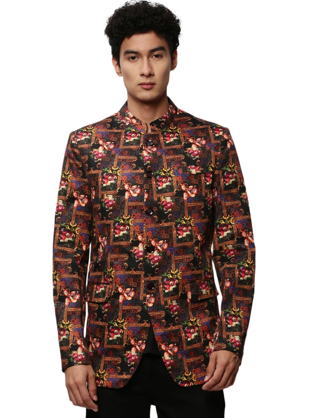 showoffff SHOWOFF Men's Mandarin Collar Printed Black Bandhgala Blazer-SOBLZ-083-10_Black-picture-25