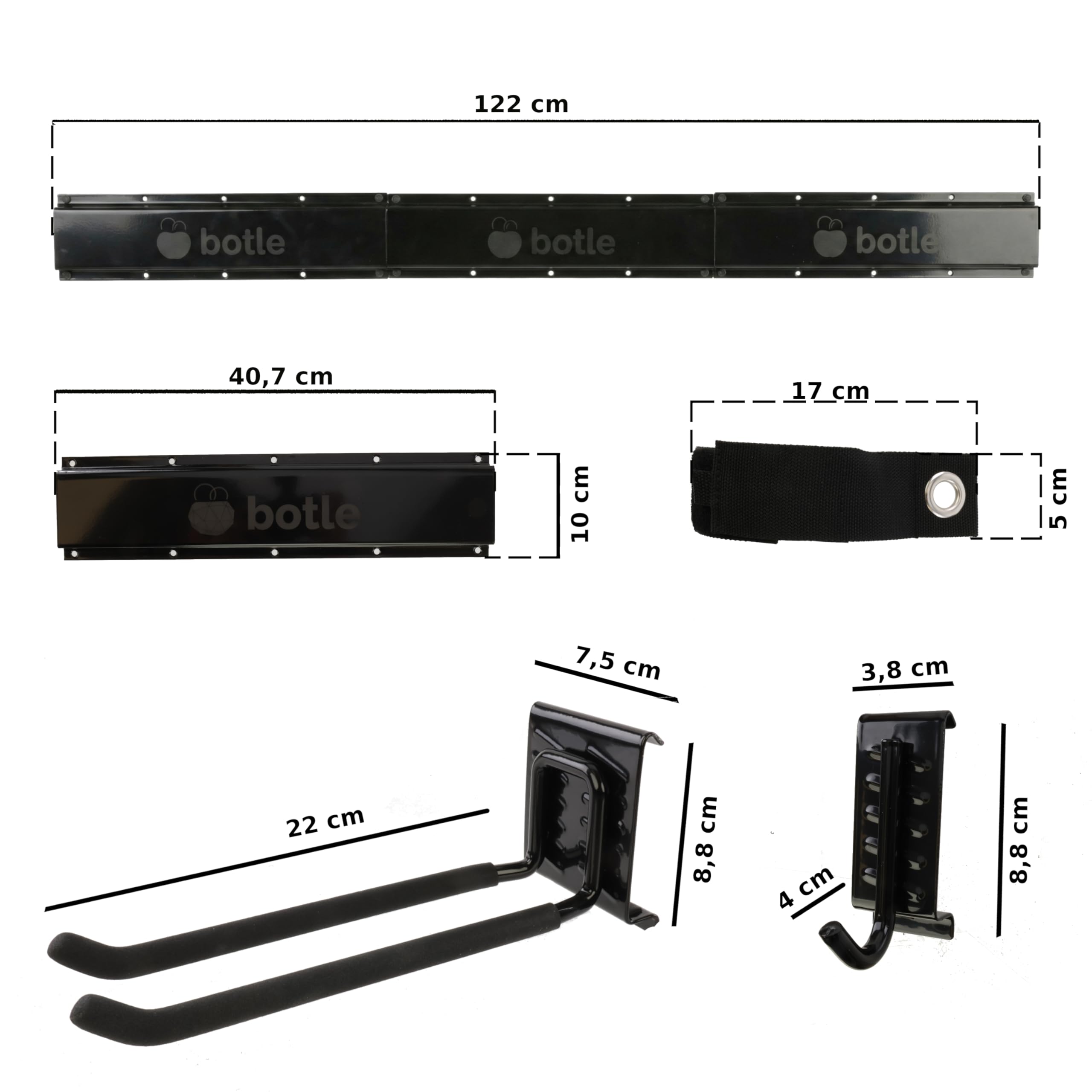 botle Soporte de pared para herramientas, organizador de herramientas de acero de 122 cm, estante de pared modular, soporte para herramientas, 9 ganchos, garajes, sótanos, talleres, escaleras, cables