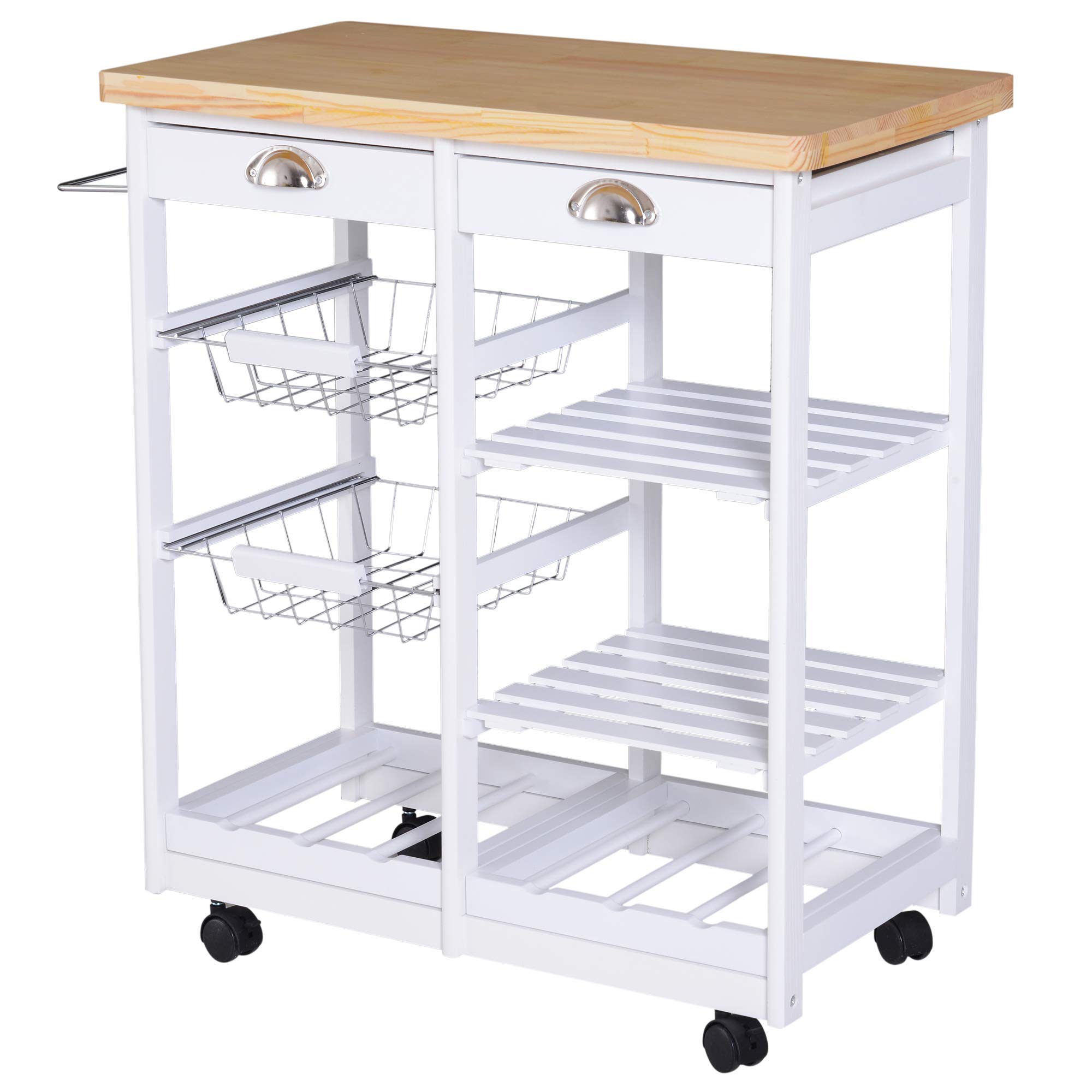 Chariot de service desserte de cuisine à roulettes multi-rangements 74L x 37l x 76H cm plateau bois massif pin châssis MDF blanc