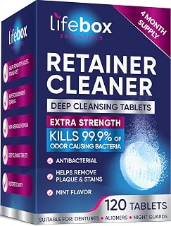 Lifebox Essentials Retainer Cleaner Tablets 120ct Mint - Deep Clean Aligners Retainers Dentures Night Guards Odor Stain Remover