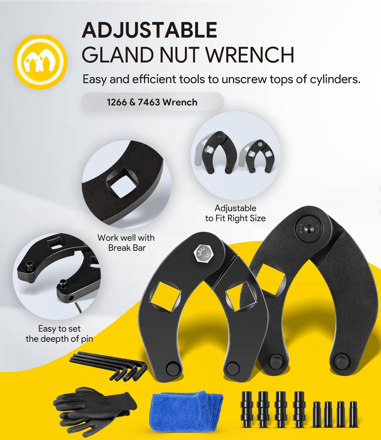 1266 & 7463 Adjustable Gland Nut Wrench, 2 Hydraulic Cylinder Spanner Wrench Set Gloves Microfiber Towel Pins & Allen Wrenches - 34