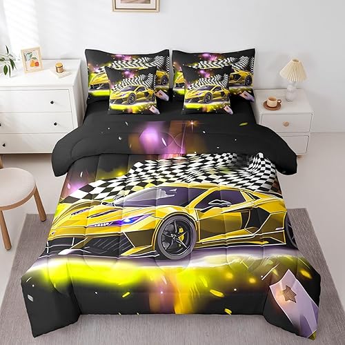 Feelyou Yellow Racing Car 7 Piece Bedding Set Full Size Extreme Sport Comforter 