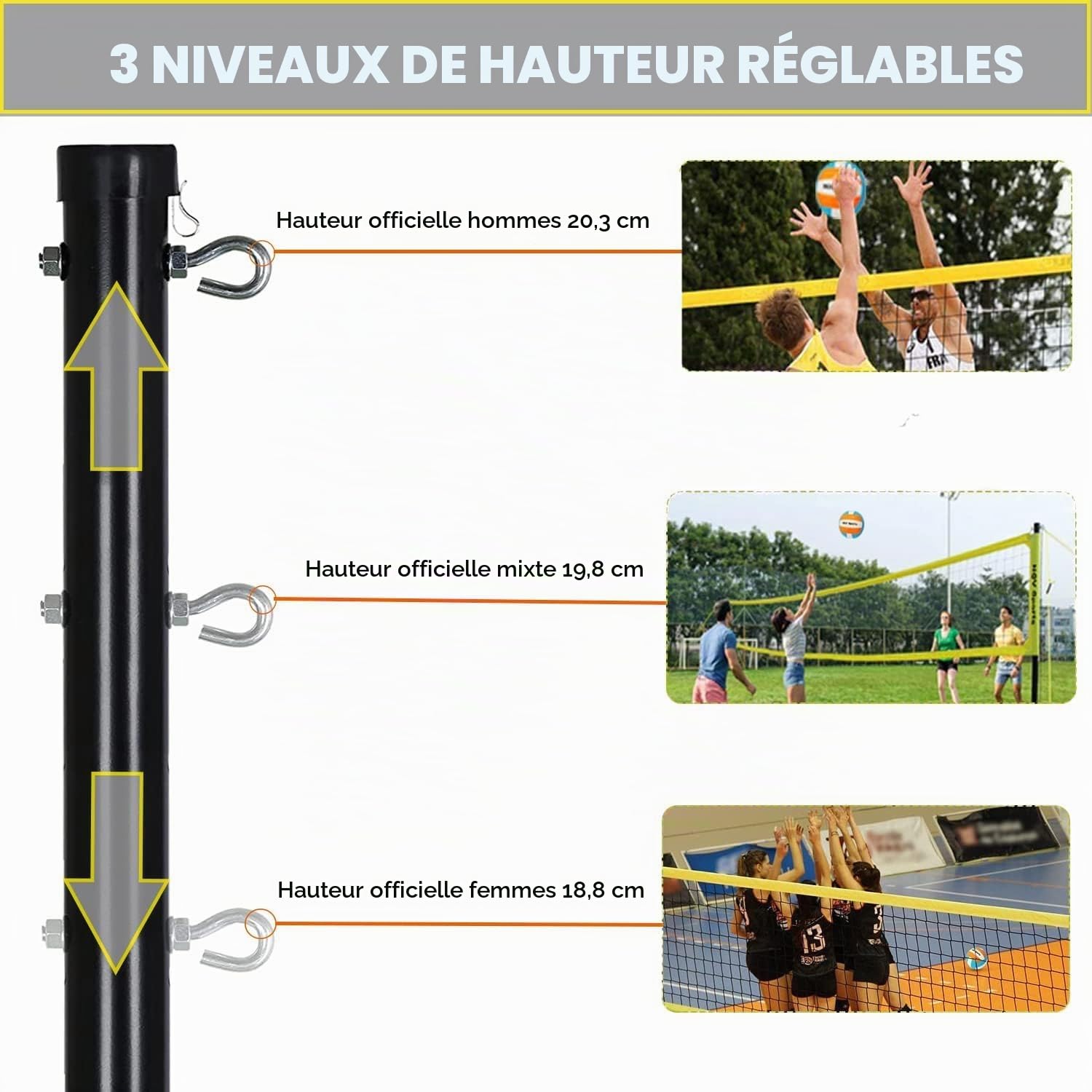 Kit de filet de volleyball professionnel réglable 9,5 m, poteaux en acier, marquage terrain, volley-ball, sac de transport pour plage jardin