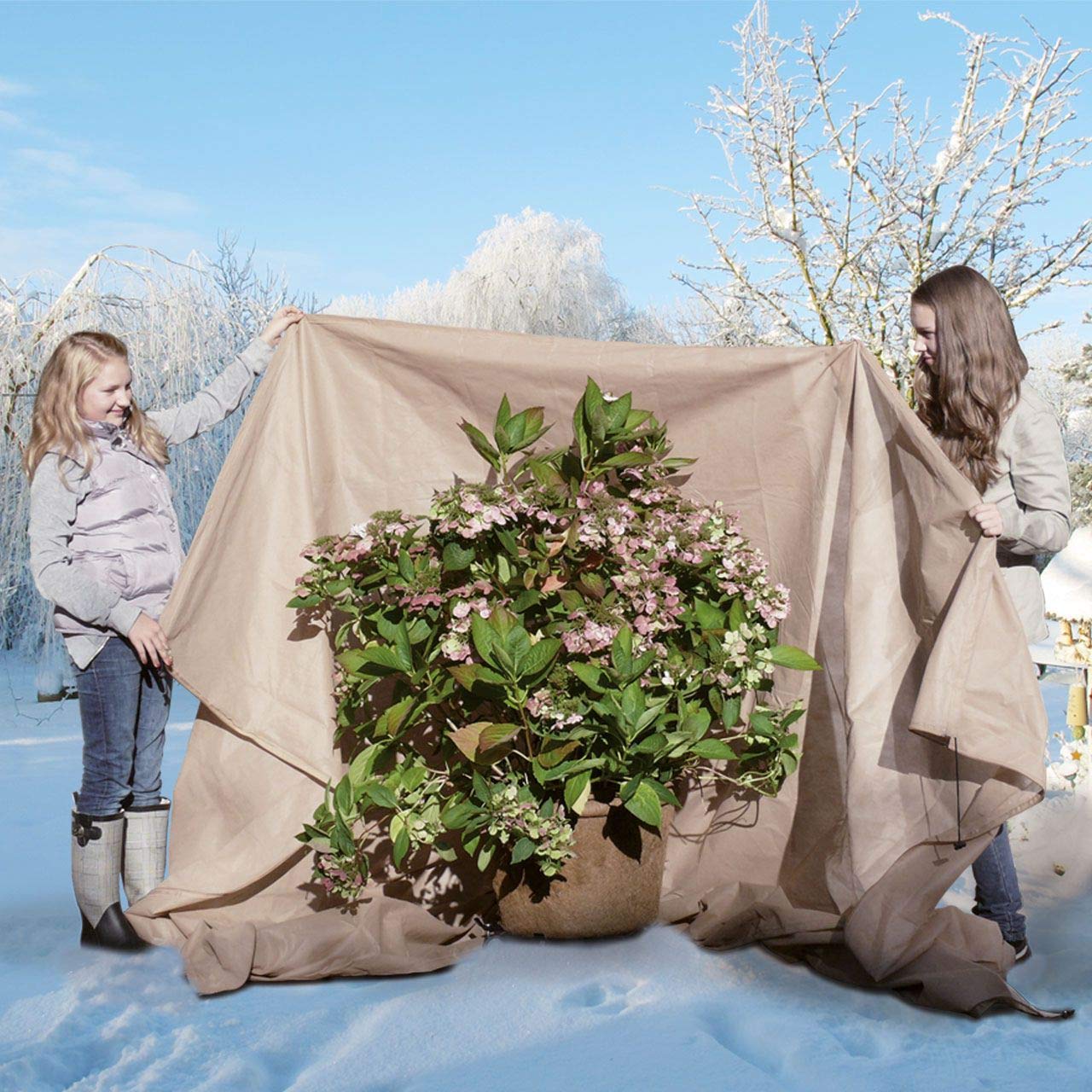 AFP Winterschutz-Vlies Thermomantel XXL, beige, Ø 200 x 300cm, 70g/qm Überwintern von Olivenbaum, Palme/Frostschutz Kübel-Pflanzen/Reißverschluss & Kordel / 2 Jutesäckchen gratis