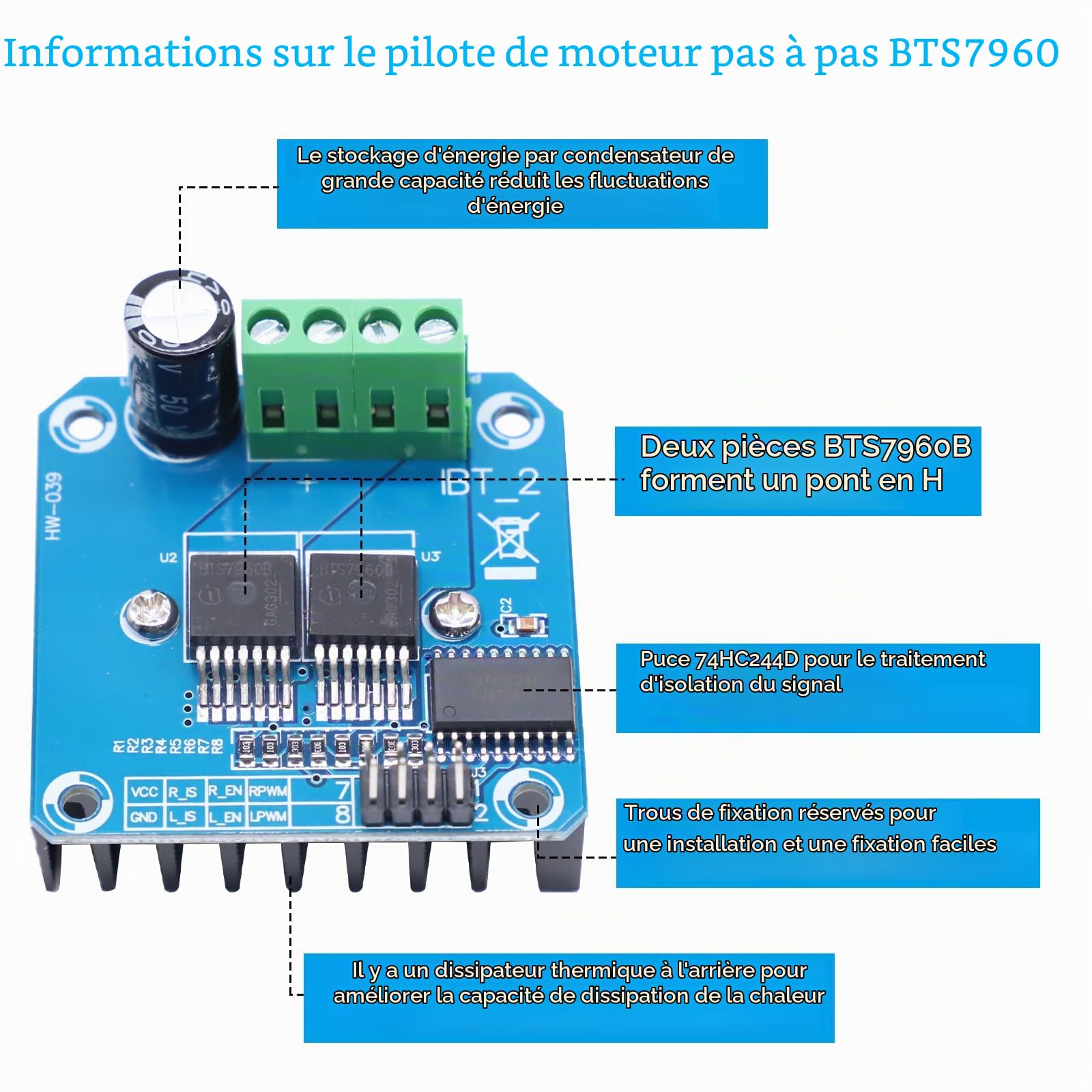 BTS7960 Motor Driver Module Ulegqin BTS7960 43A Pilote de Moteur modules, Haute Puissance Double DC Stepper Motor Driver Module de Pilote de Voiture Intelligente pour Arduino(2 pièces)