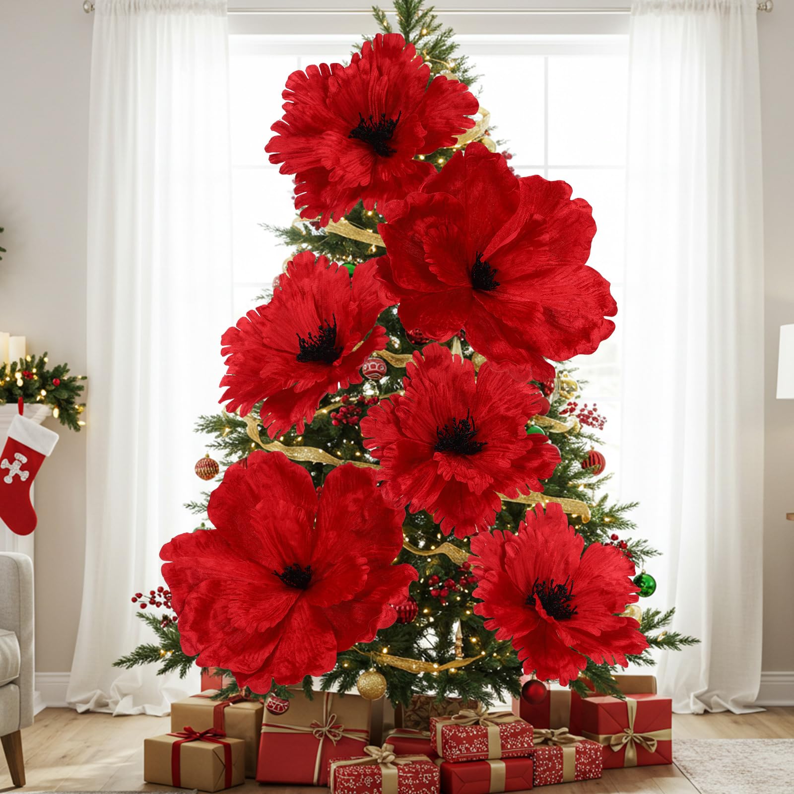 Janinka 6 Pcs Extra Large Christmas Flowers 22'' 12'' Magnolia Artificial Flowers Large Giant Xmas Artificial Poinsettia Stems Christmas Tree Decoration for Xmas Tree Wreath Garland Holiday (Red)