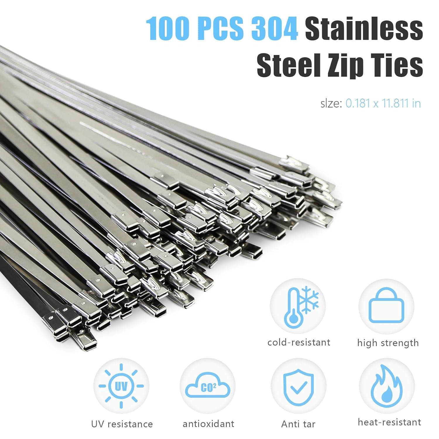 Heavy Duty Banding Strapping kit Contain 100Pcs 0.18"x 11.8" 304 Stainless Steel Zip Ties Self-Locking & Tensioner with Cutter Tool Glove