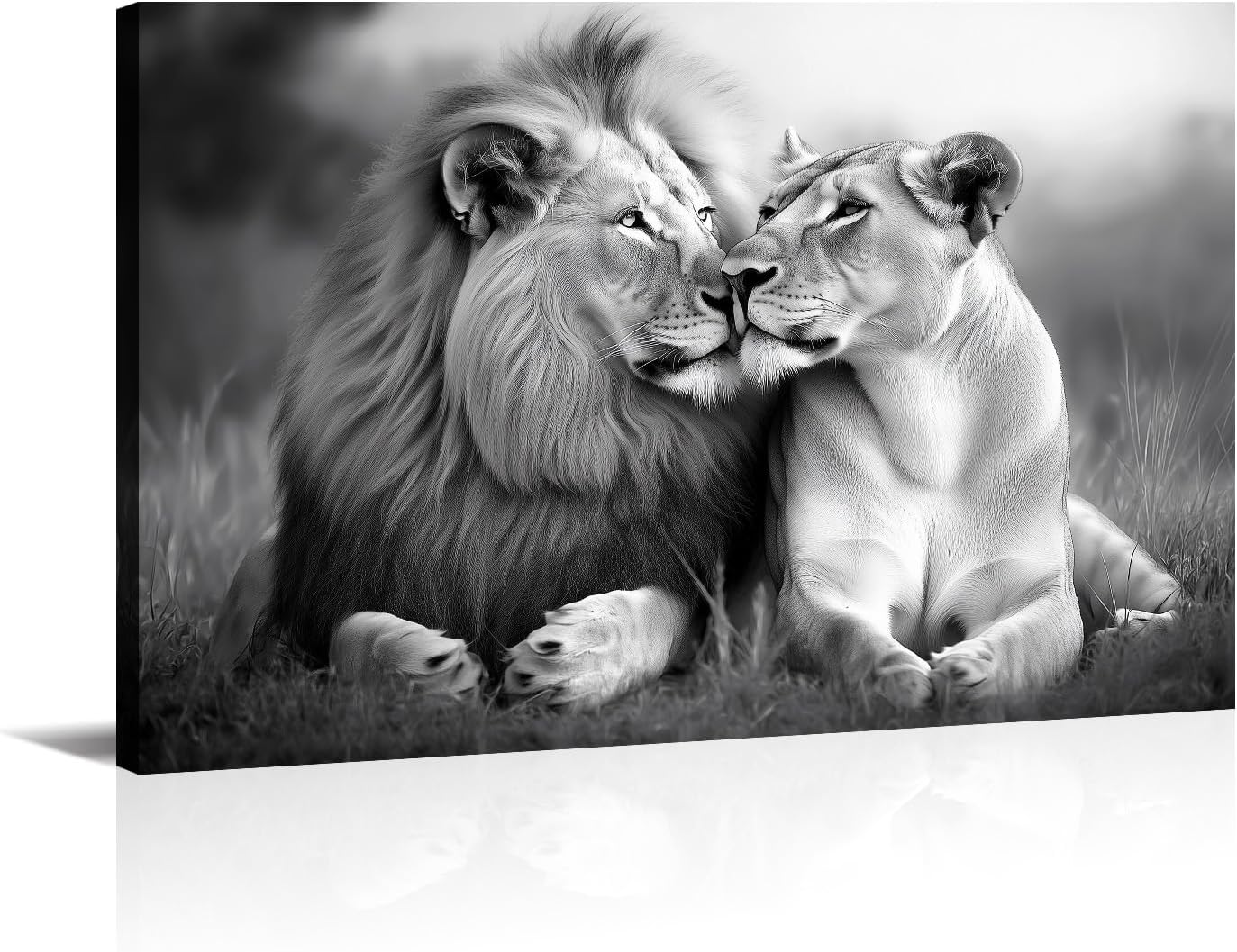 Lion and Lioness Canvas Wall Art Wild Animal Couple Picture Romantic Safari Decor Painting Black & White Wildlife Print for Living Room Bedroom Home Office​ Wall Decor Framed, 12.00x18.00 inch