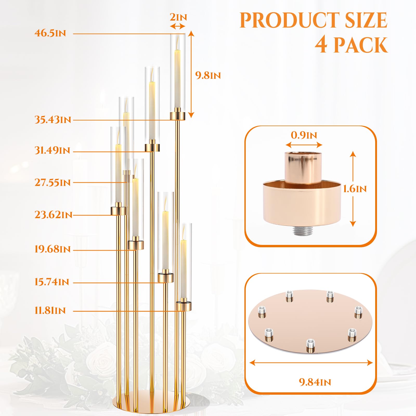mopam 7 Arms Floor Candelabra 46.5'' Floor Candle Holders for Wedding 4pcs Gold Candle Sticks Holder Decor Tall Metal Candlestick Set with Acrylic Lampshades for Home Christmas Party (Round)