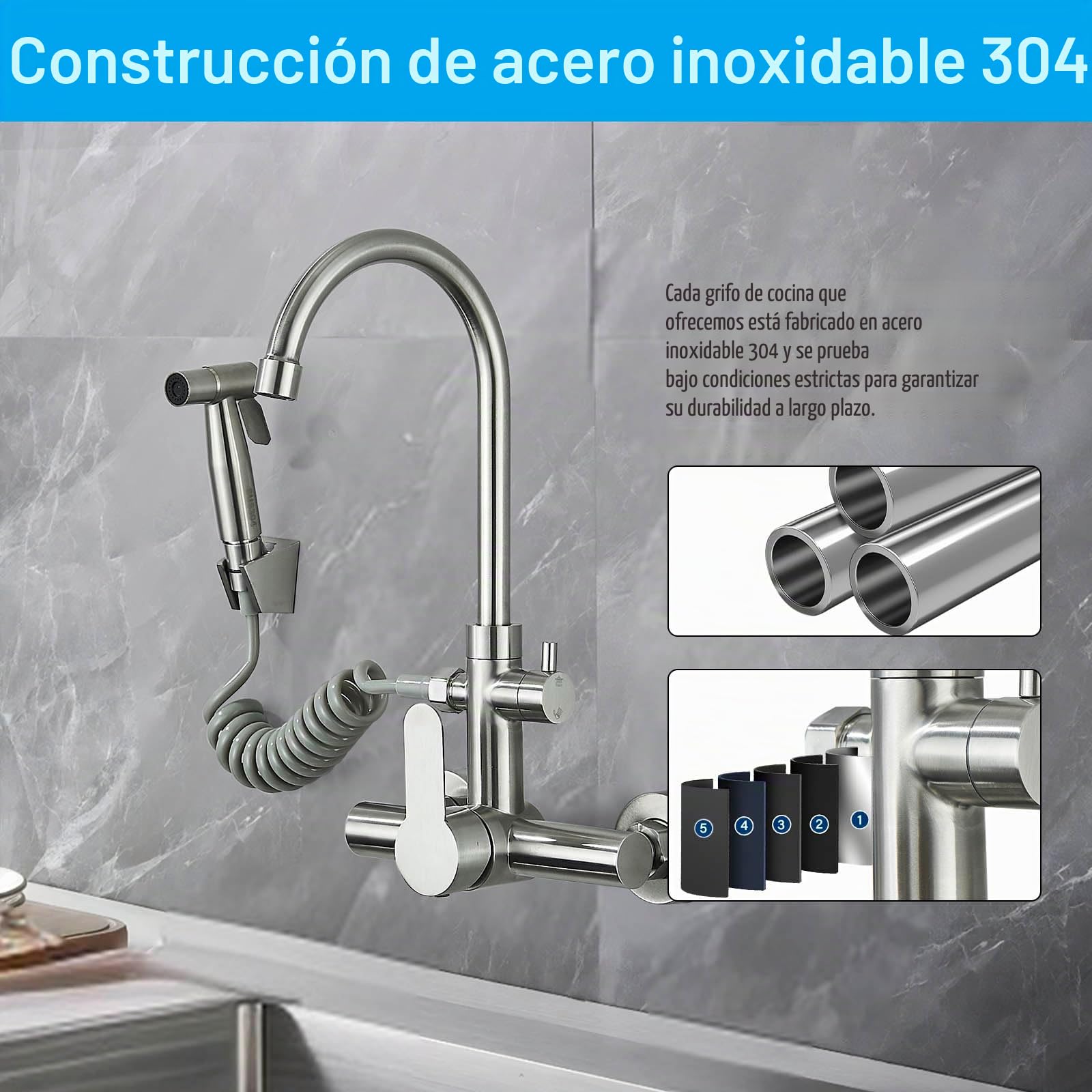 Grifo de cocina montado en la pared, grifo de pared para cocina con pistola pulverizadora, giratorio 360°, montaje en pared, acero inoxidable cepillado