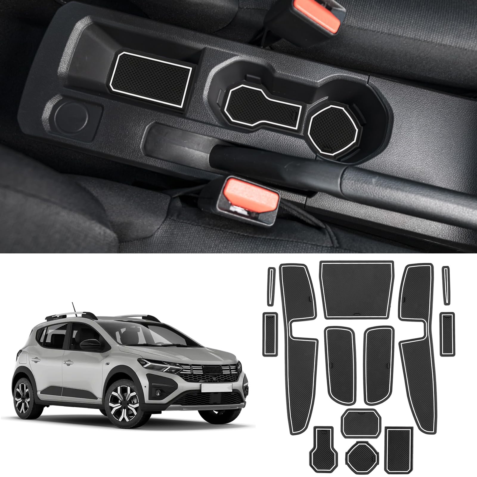 Tapis Anti-dérapants Compatible avec Dacia Sandero 3 Sandero Stepway 3 2021-2024, Dacia Sandero Tapis en Caoutchouc pour Accoudoir, Console Centrale, Porte-Gobelet, Rainure de Porte (Blanc)