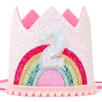Atoden 2nd Birthday Crown Princess Tiara, Rainbow Hat Headband - Birthday Gift Decorations and Accessories for Two Year Old Girls Party