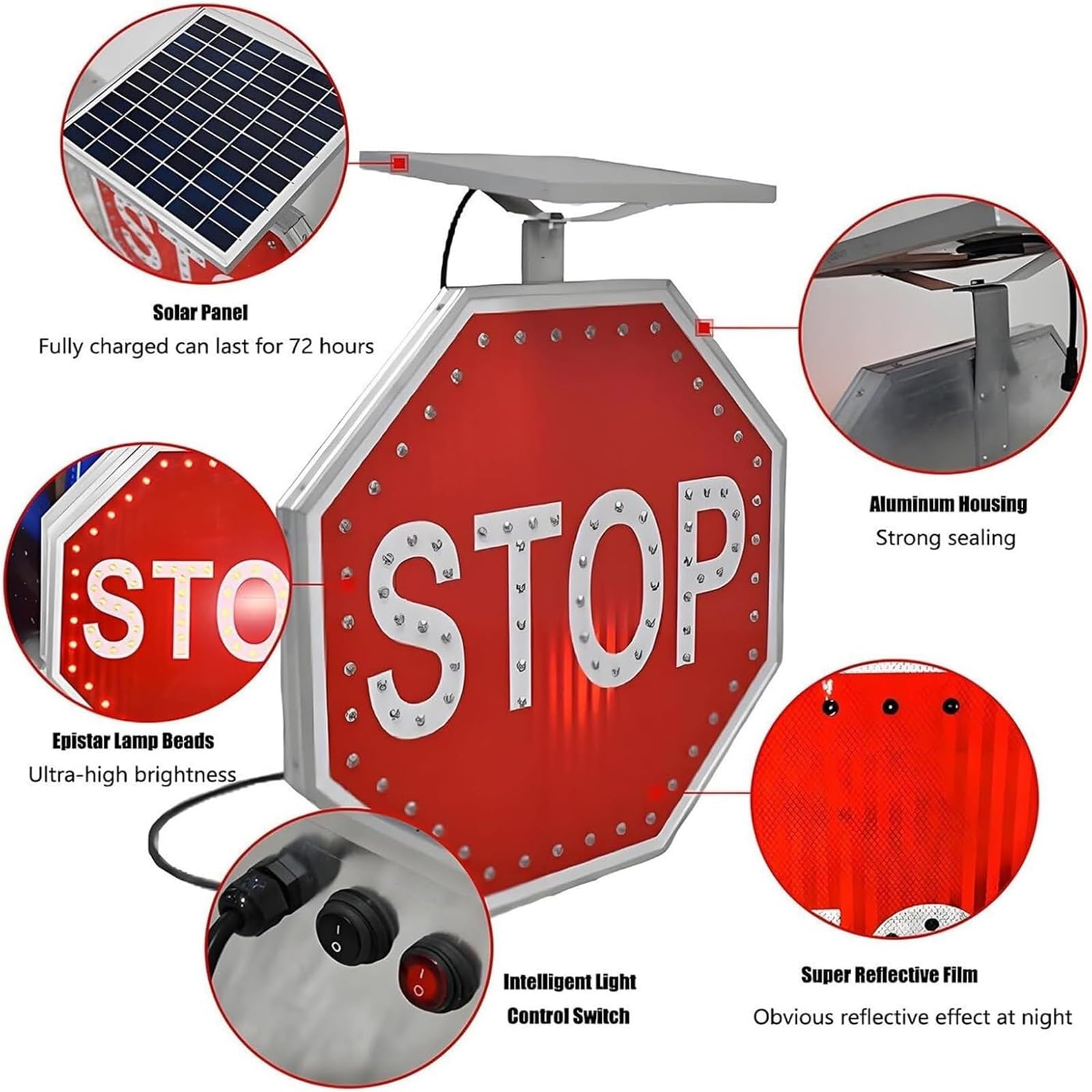 Señal de parada intermitente con energía solar, señal de advertencia de tráfico reflectante LED, marco de metal resistente a la intemperie, octágono de aluminio para calzadas y garajes