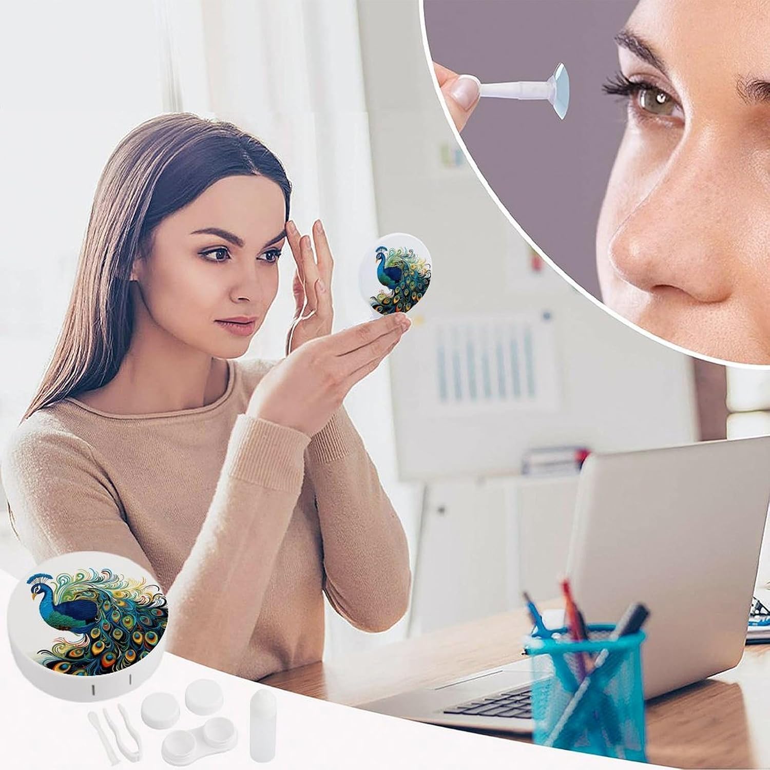 Peacock Pattern Contact Lens Case Portable Contact Lens Applicator Removal Tool Kit Cute Round Eyeglass Cases with Mirror for Daily Vision Care And Outdoor Use