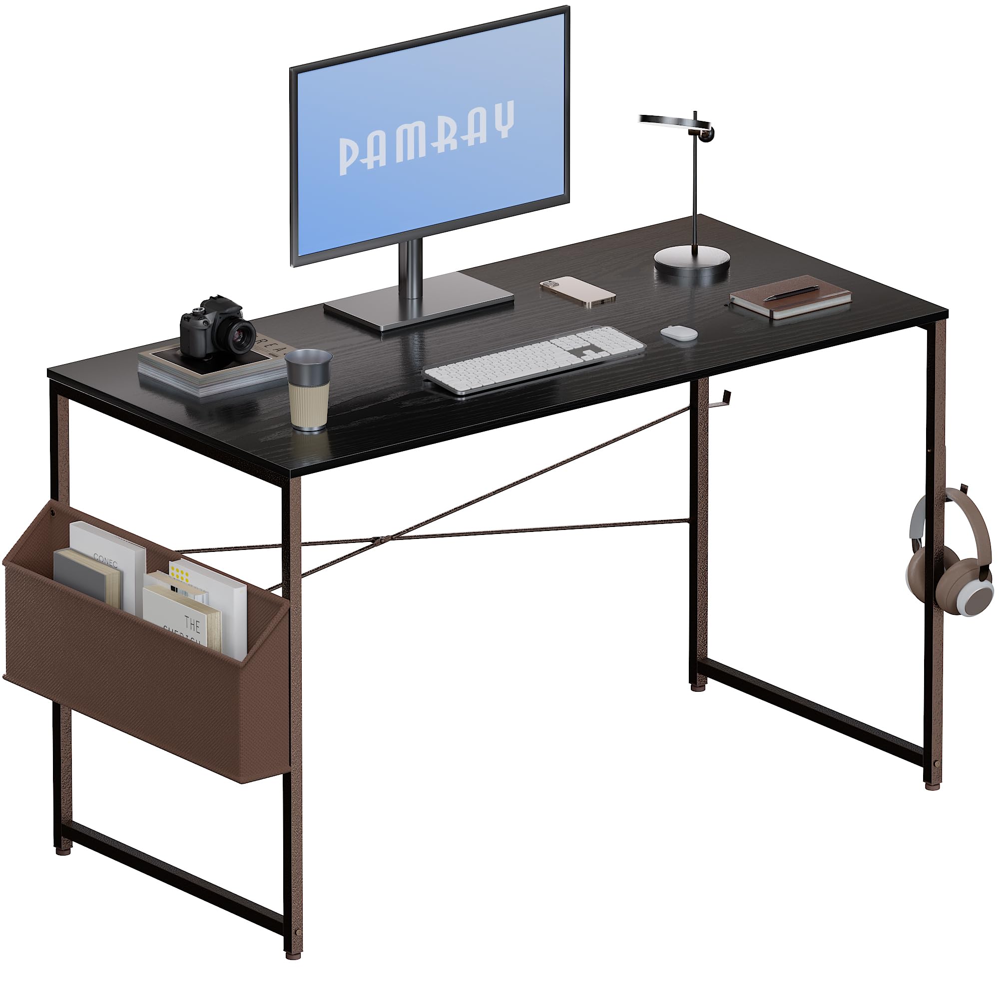 Pamray 47 Inch Computer Desk Small Spaces Desk with Storage Bag for Bedroom Writing and Home Office Work Small Study Desk Table Black