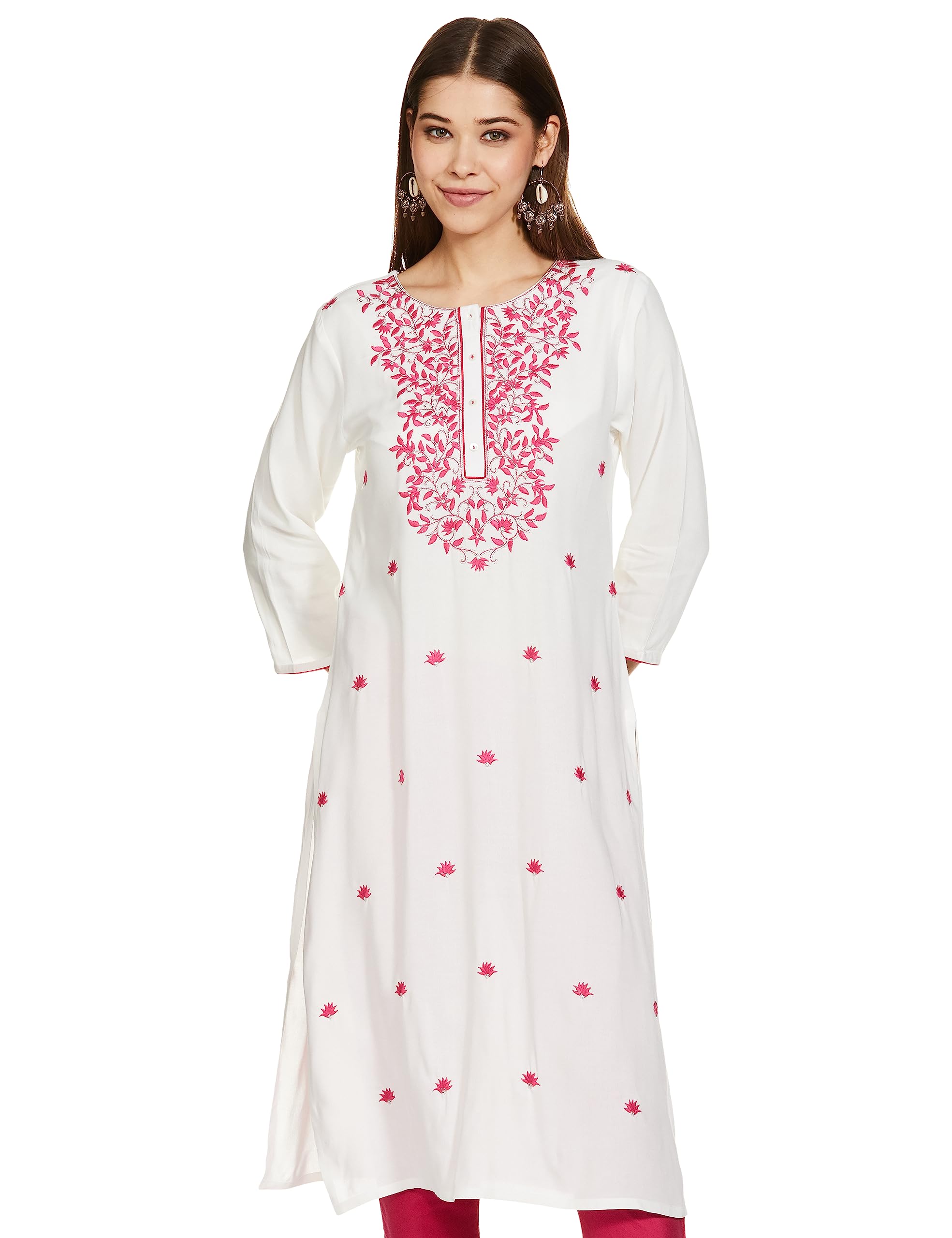 Vero Moda Women Embroidered Straight Fit Kurta (Available in Plus Sizes) in neutral