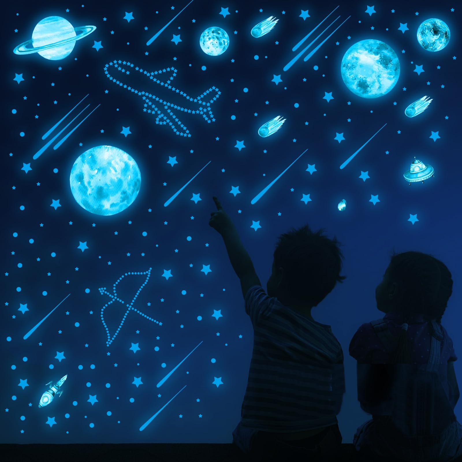 Adesivi Fluorescenti Stelle E Astronauta - 849 Pezzi Per Soffitto Cameretta Bambini Blu - Foto 6