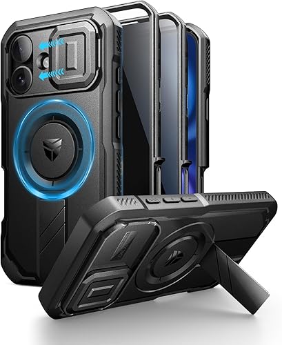 Vista 53 de Dexnor - Funda para iPhone 14 Pro Max con tapa deslizante para cámara, soporte ajustable y protector de pantalla integrado, carcasa magnética Negro