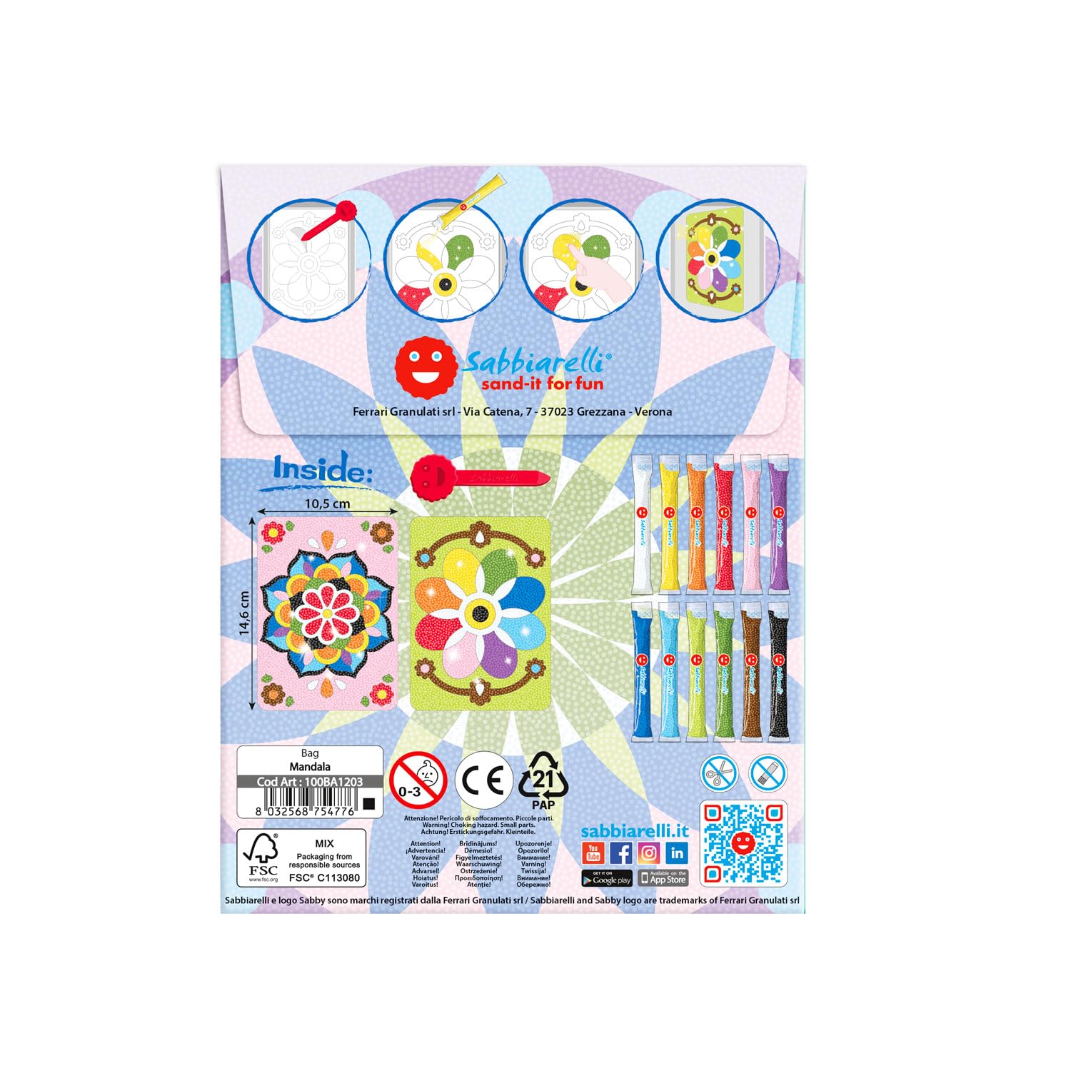 Sabbiarelli Sand-it For Fun – Bag Mandala | Mini Kit de Sand Art con Mandalas 100% Made in Italy con Arena de Colores y Dibujos Adhesivos | Manualidades Creativas para Niños de 5-12 años