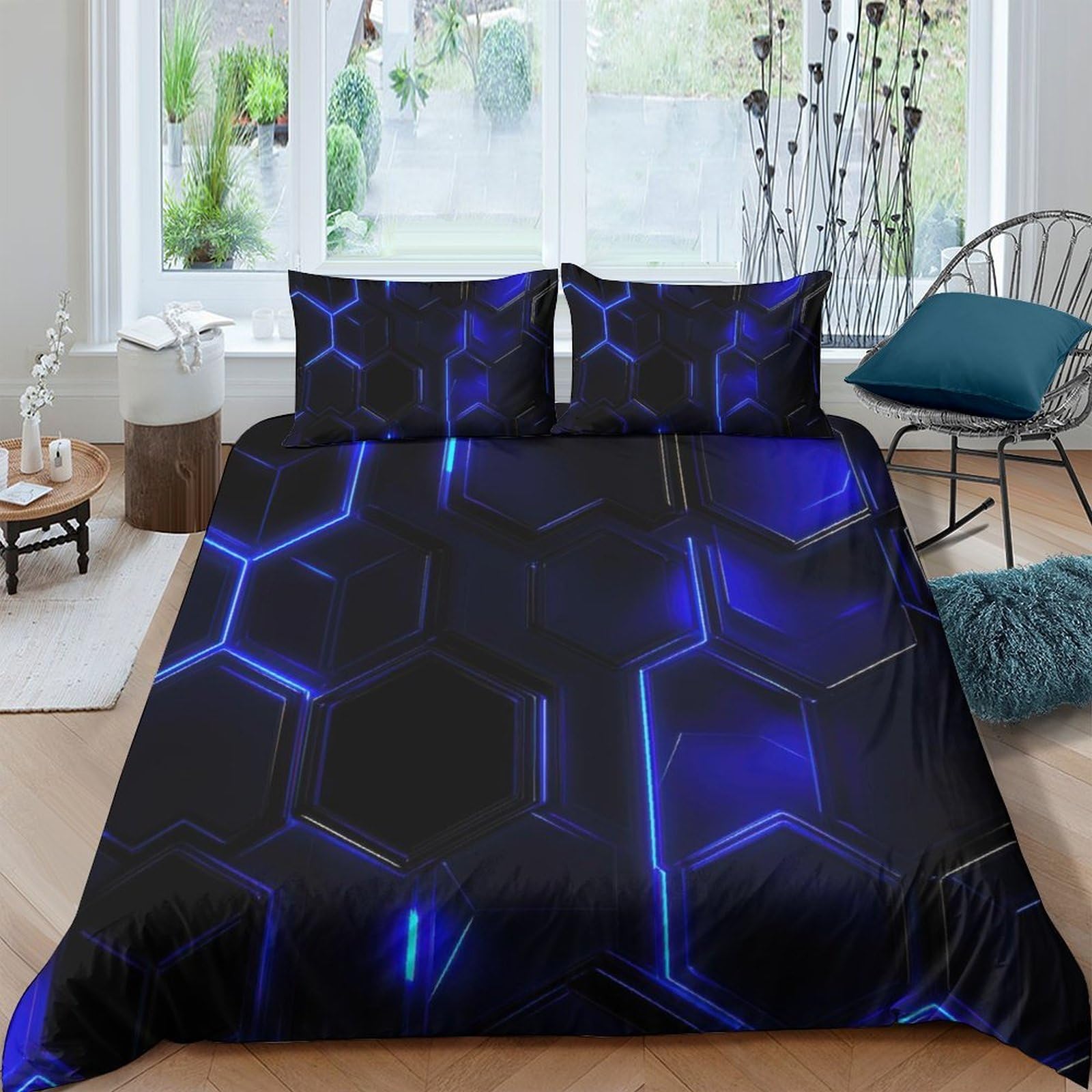 GPLZQXKJNH 3D Printed Blue Hexagon Duvet Cover Microfiber Soft Breathable Futuristic Geometric Bedding Set with 2 Pillowcases for Bedroom Home Decor Single（135x200cm）