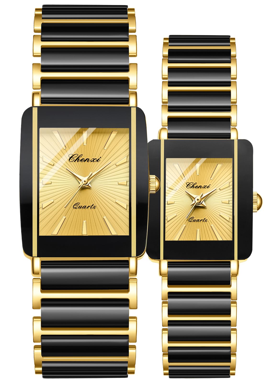 Gosasa Relojes vintage para parejas para hombres y mujeres a juego, pulsera cuadrada de cerámica de cuarzo para él y para ella, par de relojes rectangulares de vestir negro y dorado, resistentes al
