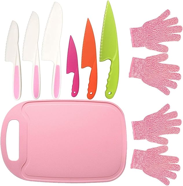11PCS Kids Plastic Knife Set,Kids Safe Knife Set with 2 Pair Cut Resistant Gloves (Ages 6-12) & Cutting Board,Kids Cooking Tool BPA-Free ,Salad (Pink)