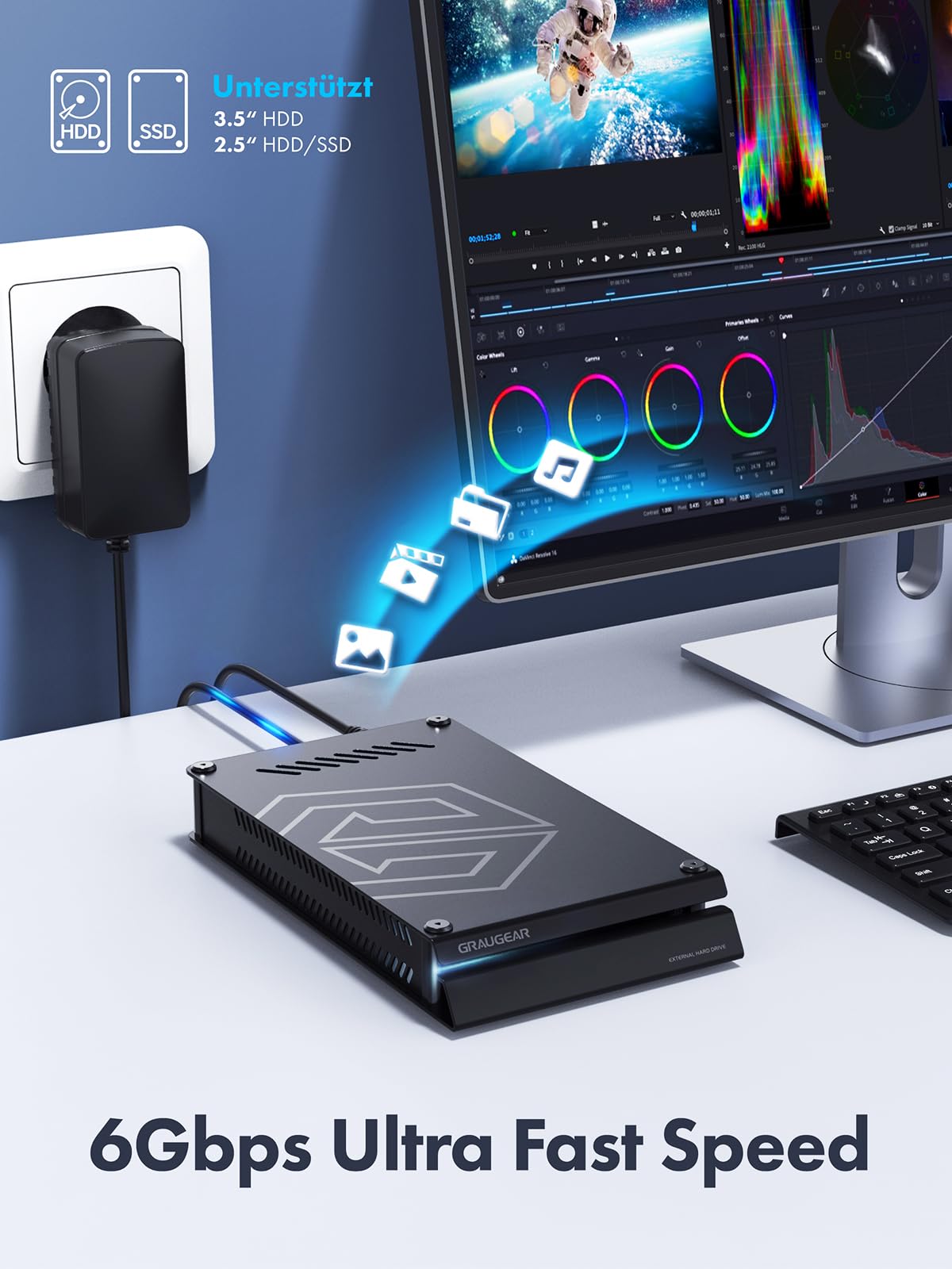 GRAUGEAR 4TB HDD, 3,5 pollici, USB GRAUGEAR, Disco rigido esterno da 4TB in alluminio per PS4 & PS5, Formattato per PS4 e PS5 USB-A&C, con alimentatore, G-3504-4TB