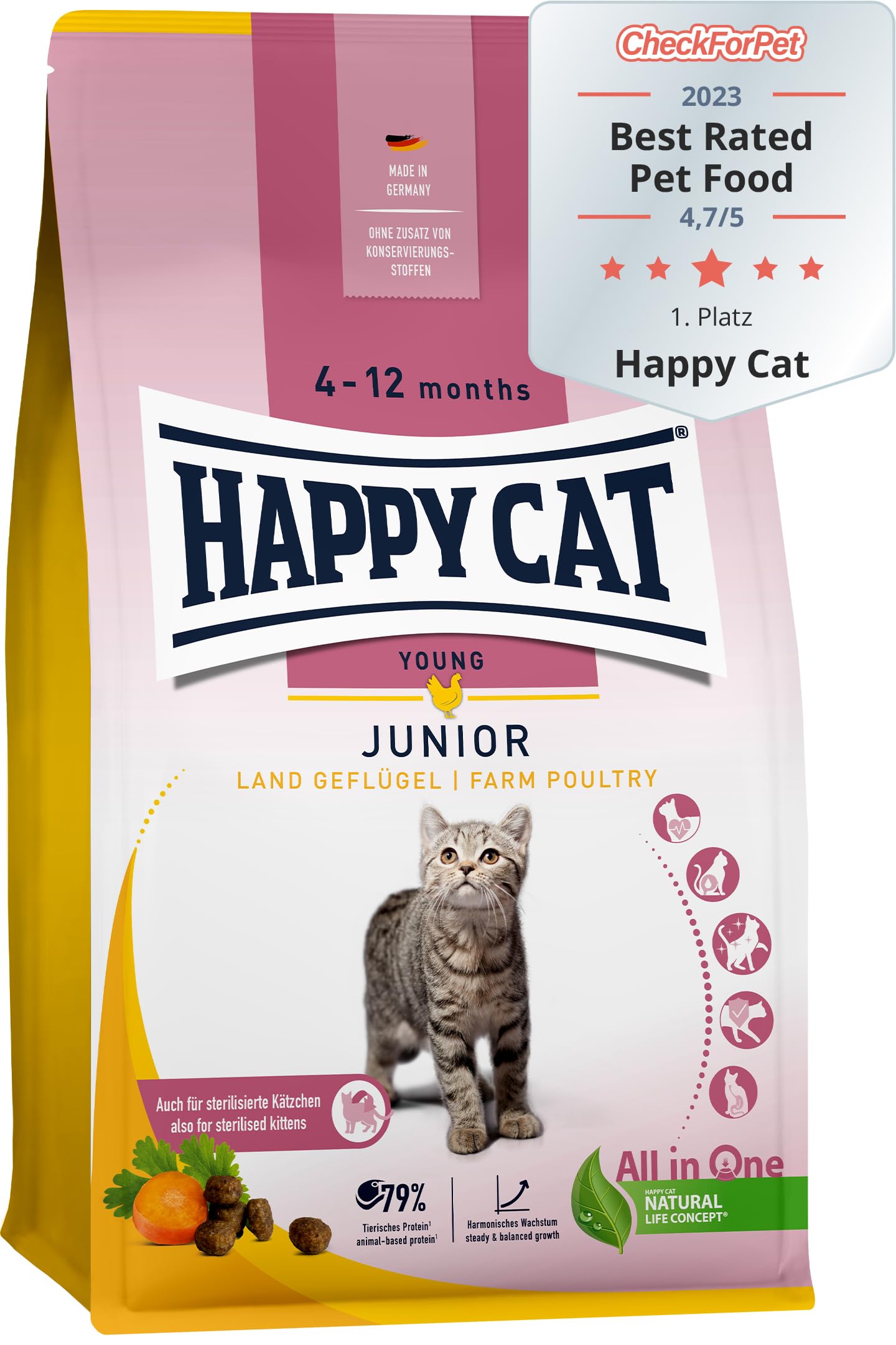 Happy Cat Junior Land Geflügel M - Trockenfutter für Junge Katzen ab dem 4. Monat - 10kg