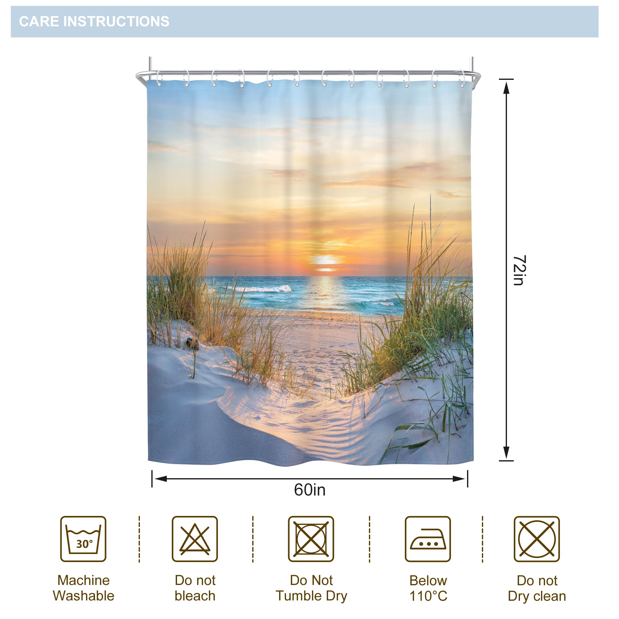 Riyidecor Beach Sunset Shower Curtain – Tropical Palm Tree Ocean Design, Waterproof Polyester, 72x72 Inches With Hooks - View #7