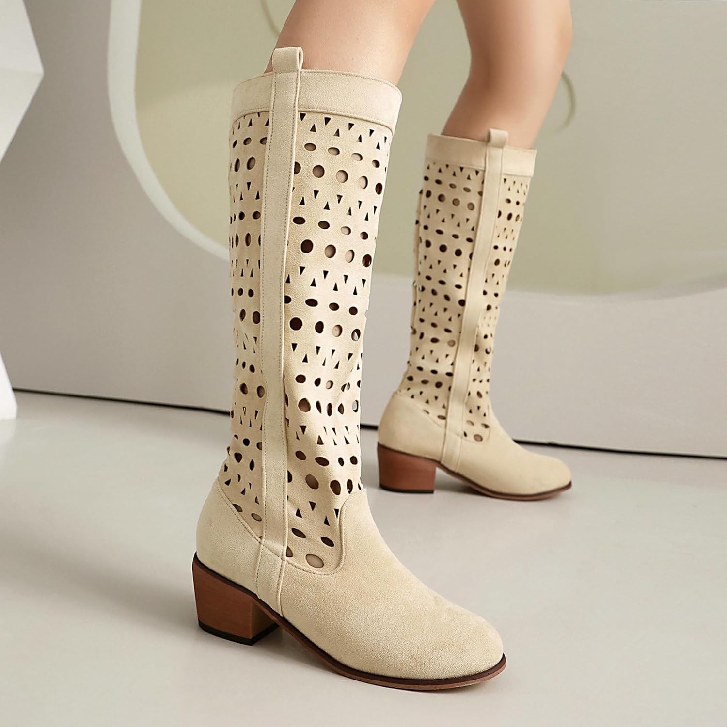 KiutSymo Cowgirl Boots Women Knee High Cowboy Boots Chunky Low Block Heel Hollow Out Round Toe Pull On Fashion Vintage Faux Suede Tall Riding Western Boots