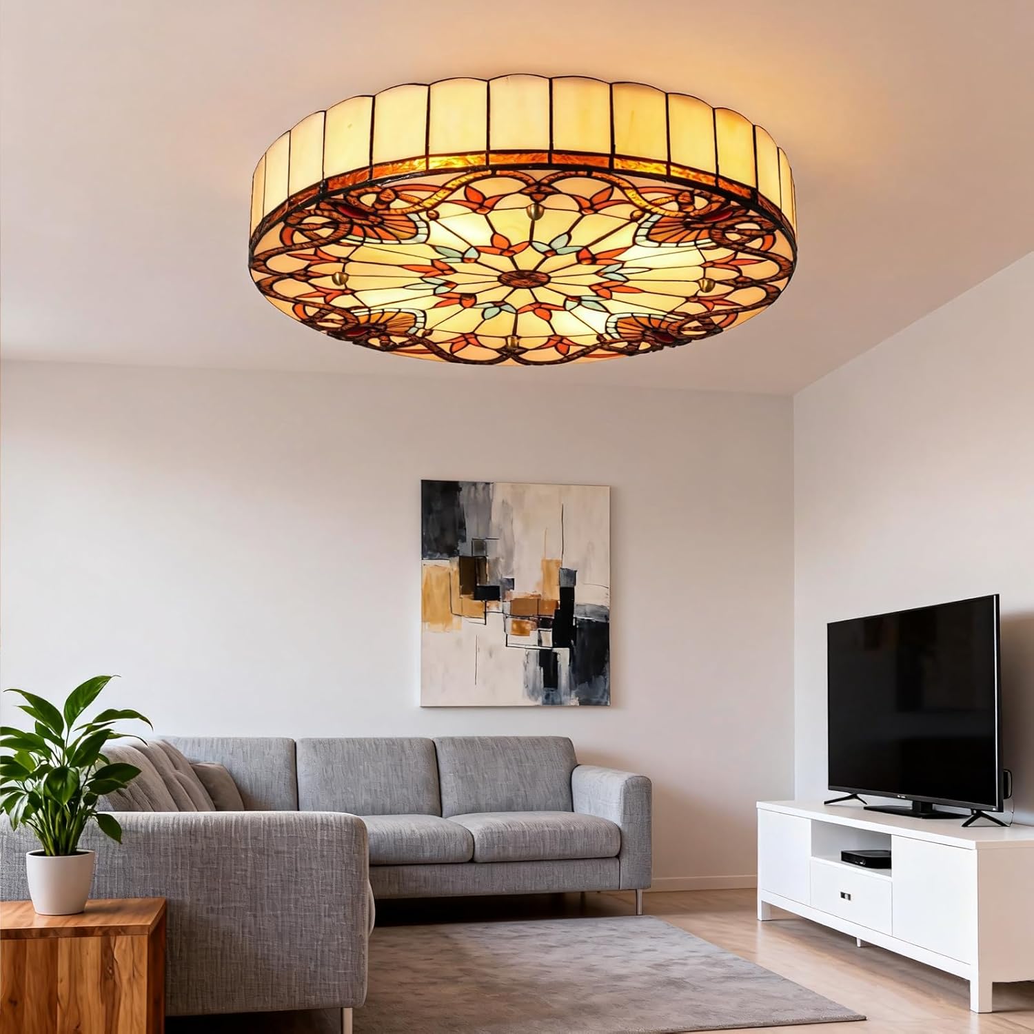 20-Inch Vintage Stained Glass Flush Mount Ceiling Light, 4-Light Recessed Stained Glass Pendant Lighting Fixture for Bedroom Dining Room Living Room Foyer