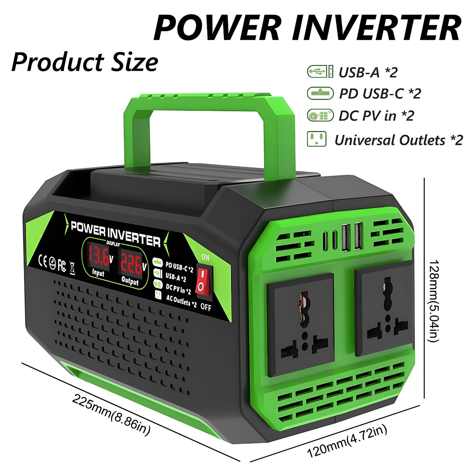Falownik 300 W 12 V do 220 V Falownik samochodowy do systemów solarnych/domu/na zewnątrz/kampera/kempingu z 2 gniazdami AC, 2 USB, 2 typu C,300W-12V-to-220V