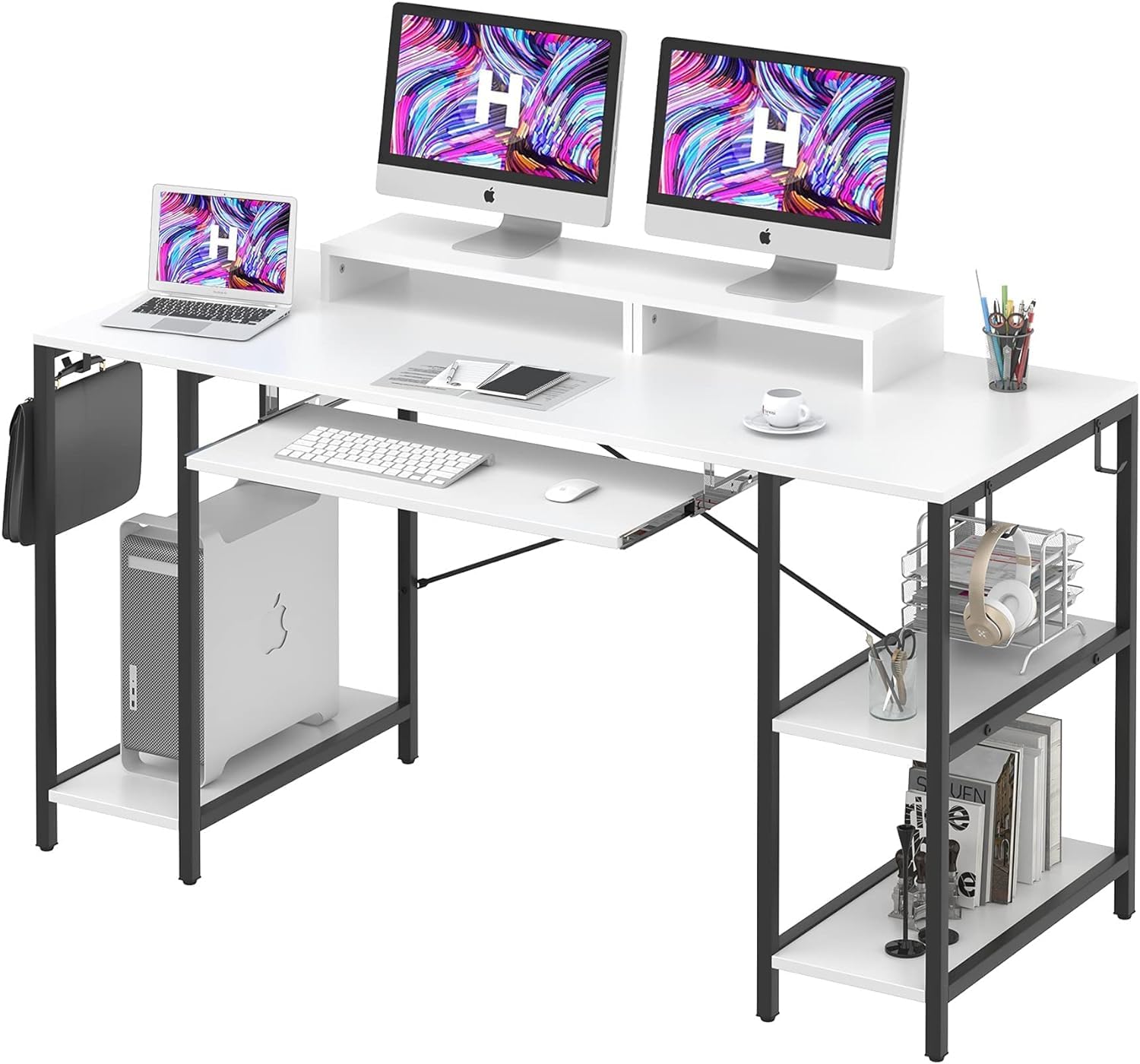 HYPIGO Computer Desk with Keyboard Tray, 55 Inch Music Studio Desk Music Production Desk with Storage Shelves Monitor Stands and 4 Iron Hooks, Workstation Gaming Table for Home Office