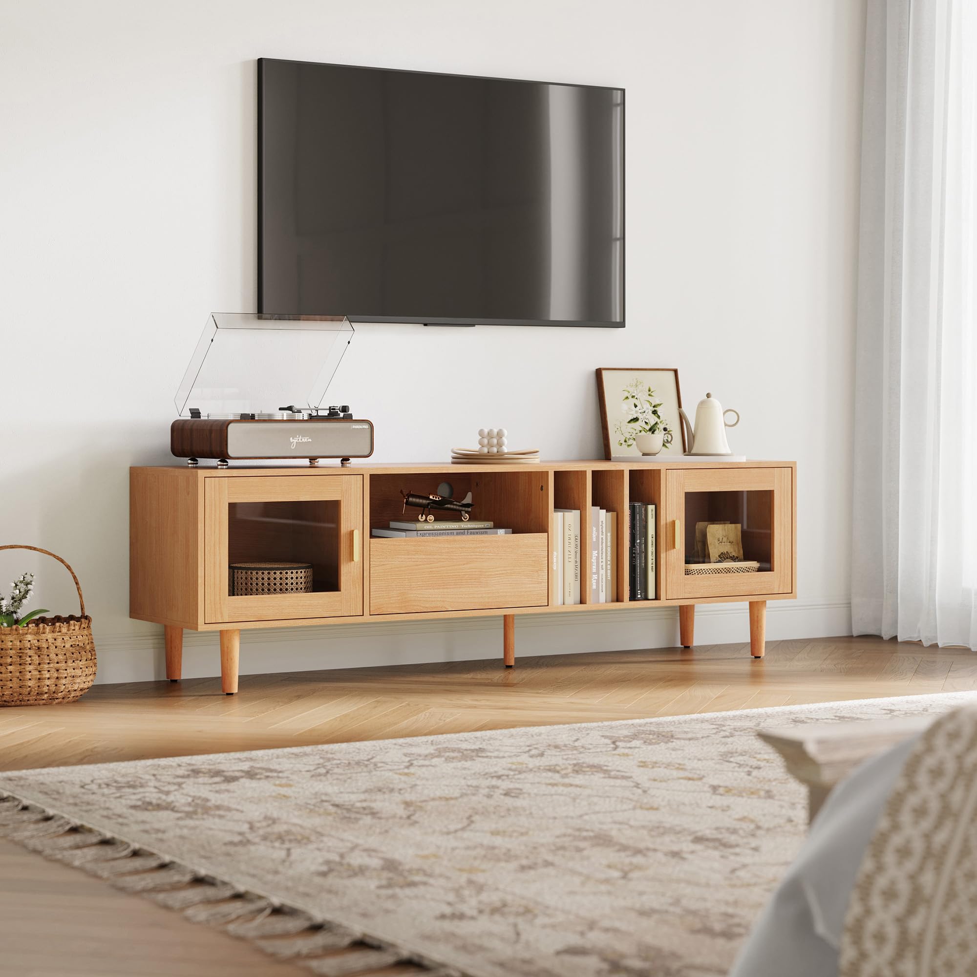 LINSY HOME TV Schrank, TV Lowboard mit 2 Türen und 1 Schubladen, Fernsehtisch mit Einlegeboden, Fernsehschrank für TVs bis 70 Zoll, 175 x 40 x 52 cm