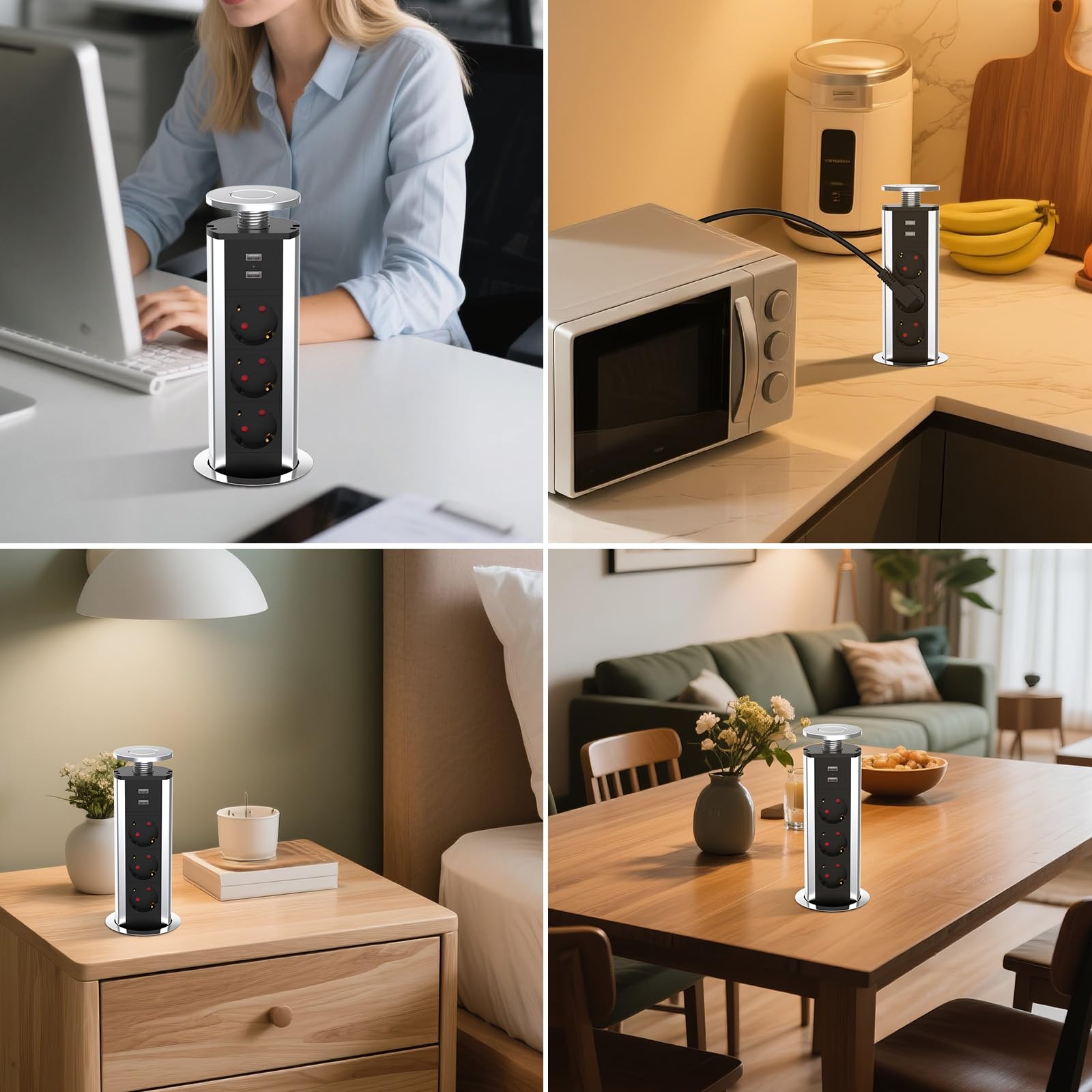 Presa a scomparsa piano di lavoro con 3 prese e 2 USB-A | Diametro 80 mm, cavo 1,8 m, multipresa da incasso per cucina, ufficio, camera da letto, soggiorno