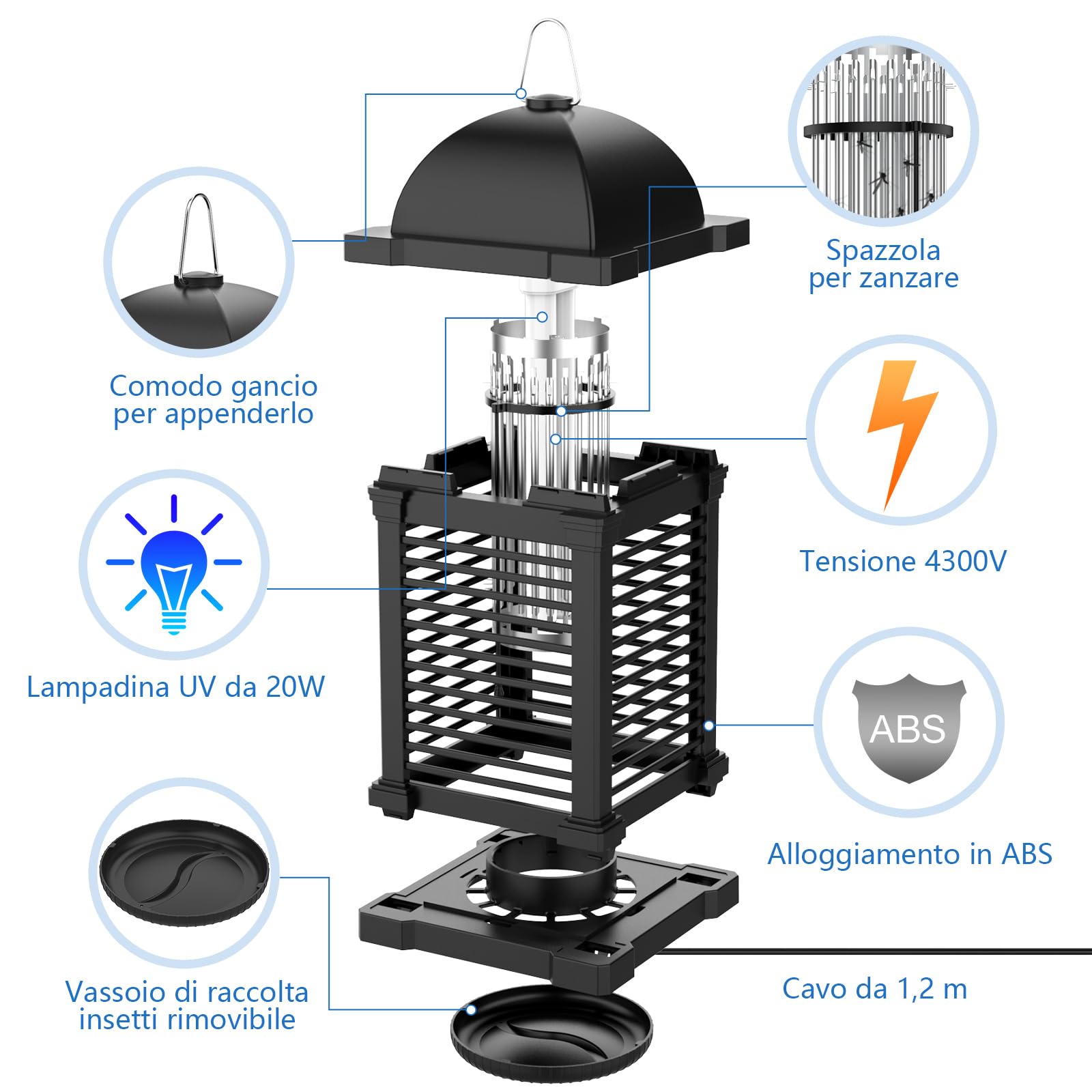 PALONE Lampada Antizanzare Elettrica, 4300V Zanzariera Elettrica Insetticida con Luce UV, Antizanzare Impermeabile IPX4 con 1 Spazzola per la Pulizia, per Esterno ed Interni