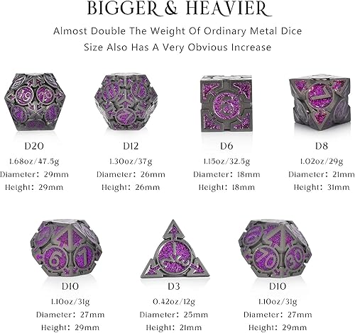 Miniatura 4 de DND - Juego de dados de metal 7 piezas de tamaño grande 777 onzas de peso poliédricos para mazmorras y dragones y otros juegos de rol morado