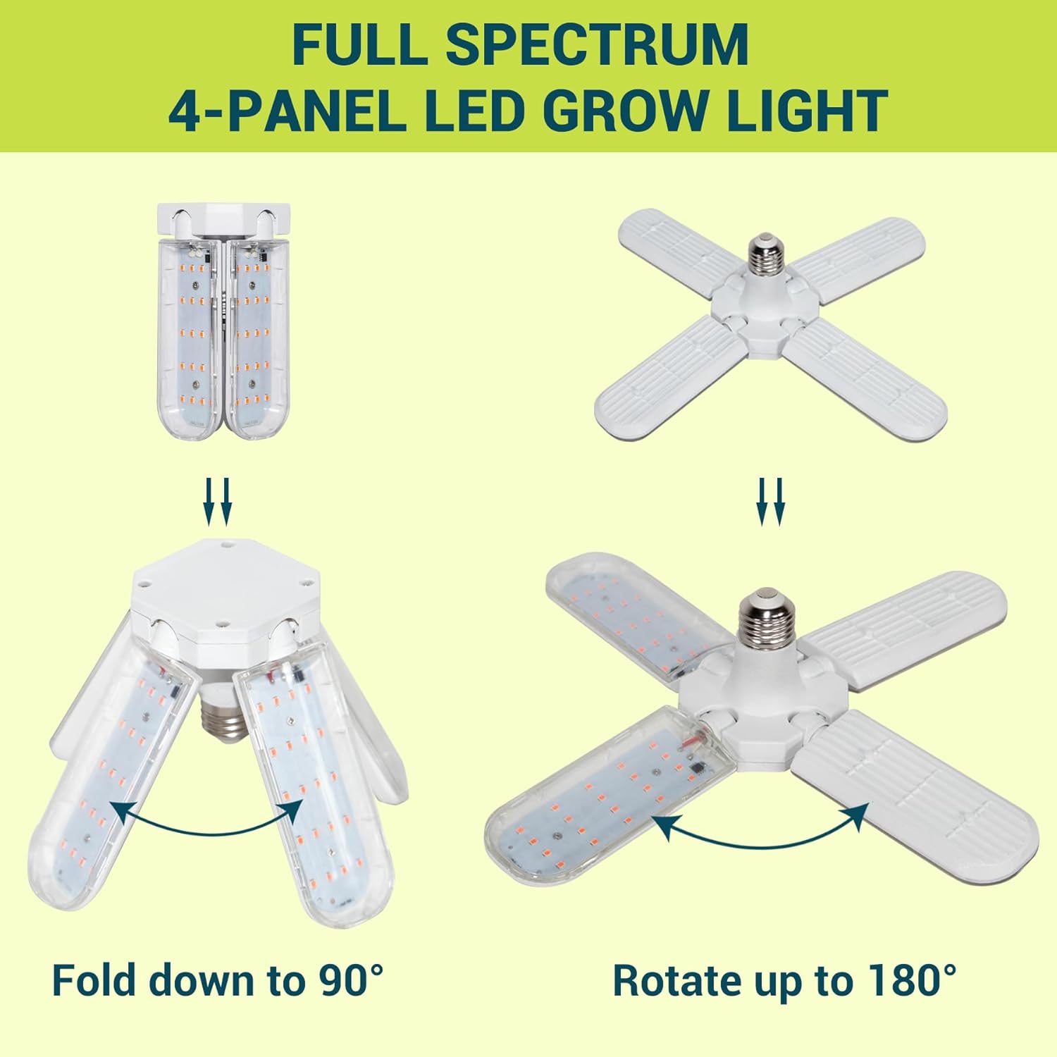 GT-Lite LED 4 Panel Folding Grow Light Bulb with 40.1 PPF, 30 Watt Adjustable LED Grow Light for Indoor Plants,E26 Base