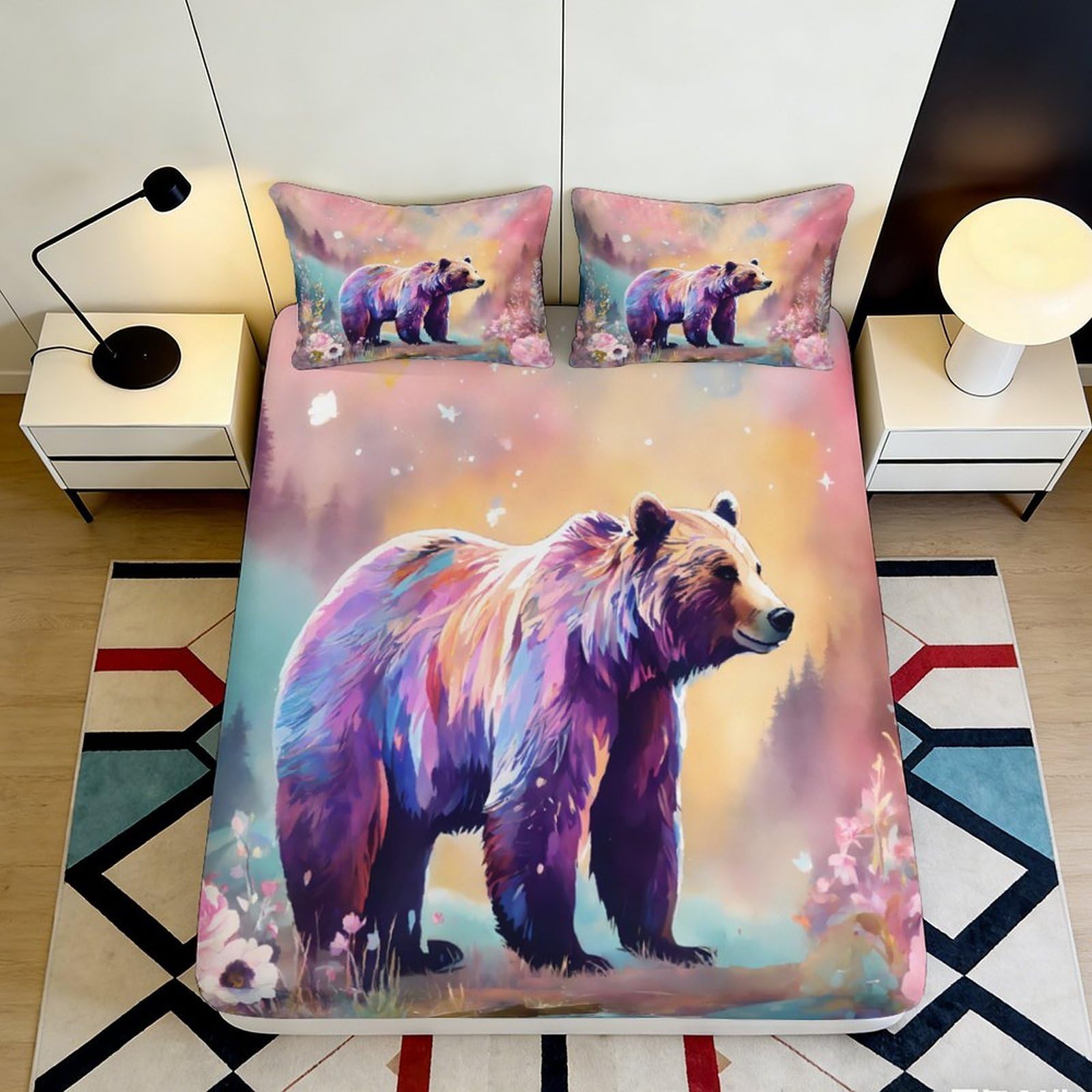 3D Printed Colorful Bear Fitted Sheet Microfiber Soft Breathable Fantasy Forest Bed Cover for Bedroom Dormitory Guest Room Mattress Protection 140x200x25cm
