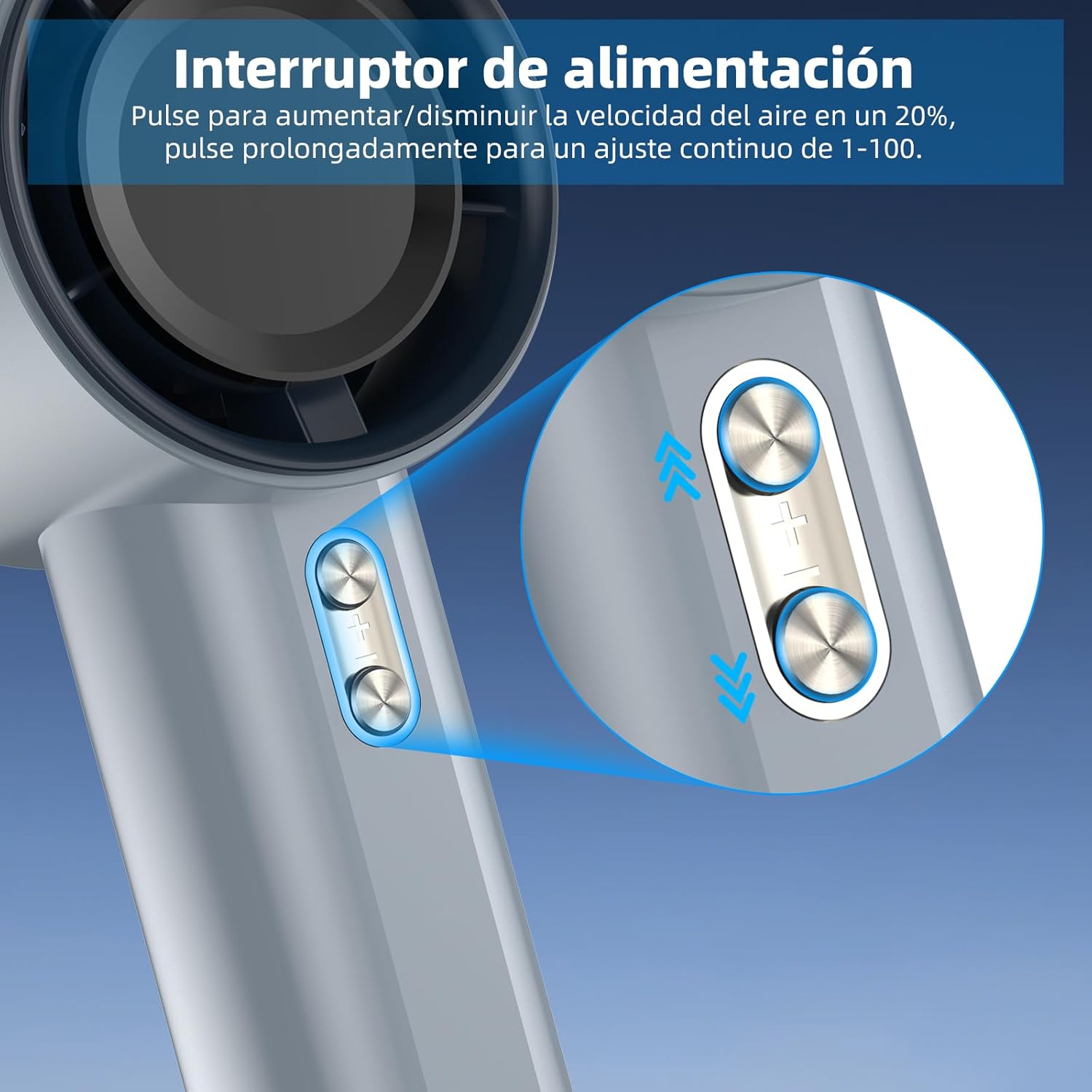 Close-up of the fan's control buttons, labeled with plus and minus symbols