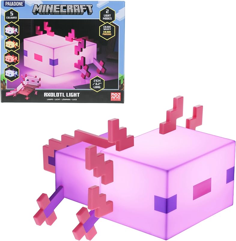 Paladone Minecraft Axolotl Light - Licencia oficial, cinco modos de color, lámpara Minecraft para decorar su escritorio de juegos o mesita de noche, decoración de dormitorio para jugadores de Minecraft, funciona con baterías | Cinco modos de luz de color • Brillo suave y relajante • Lámpara alimentada por pilas • Bonita decoración para sala de juegos