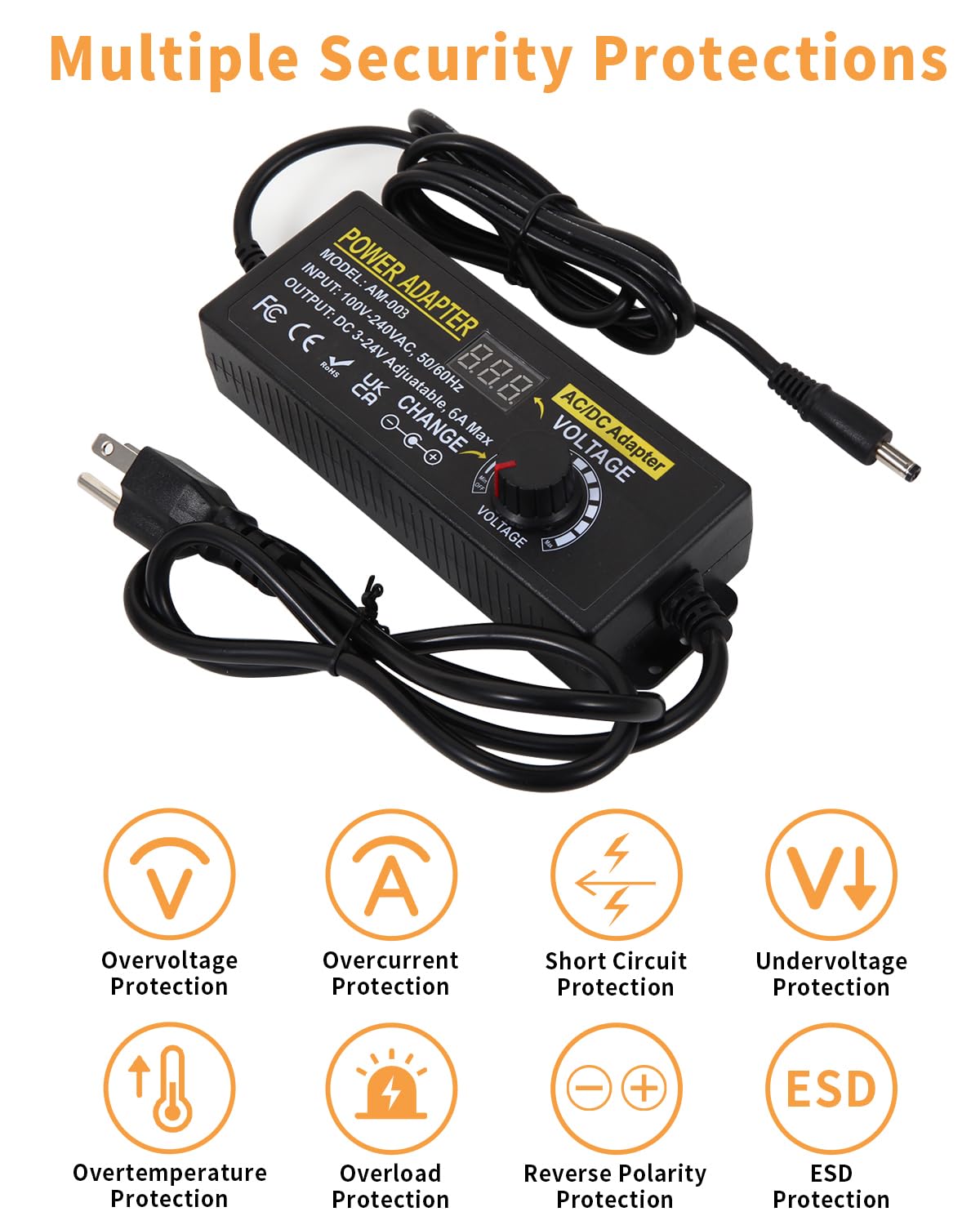 Fuente de alimentación ajustable de 3 ~ 24 V 6 A, adaptador de corriente universal de 144 W con enchufe de salida CC de 5,5 x 2,1 mm, convertidor de fuente de alimentación de CA a CC de 100-240 V