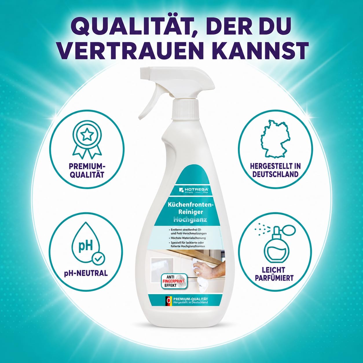 HOTREGA Küchenfronten Reiniger Hochglanz 2250 ml | Fettlösend & | pH-neutrale Pflege für Lack & Folien | Anti-Fingerprint-Effekt | Schutz vor Staub, Öl, Schlieren & Kratzern | 3x 750 ml