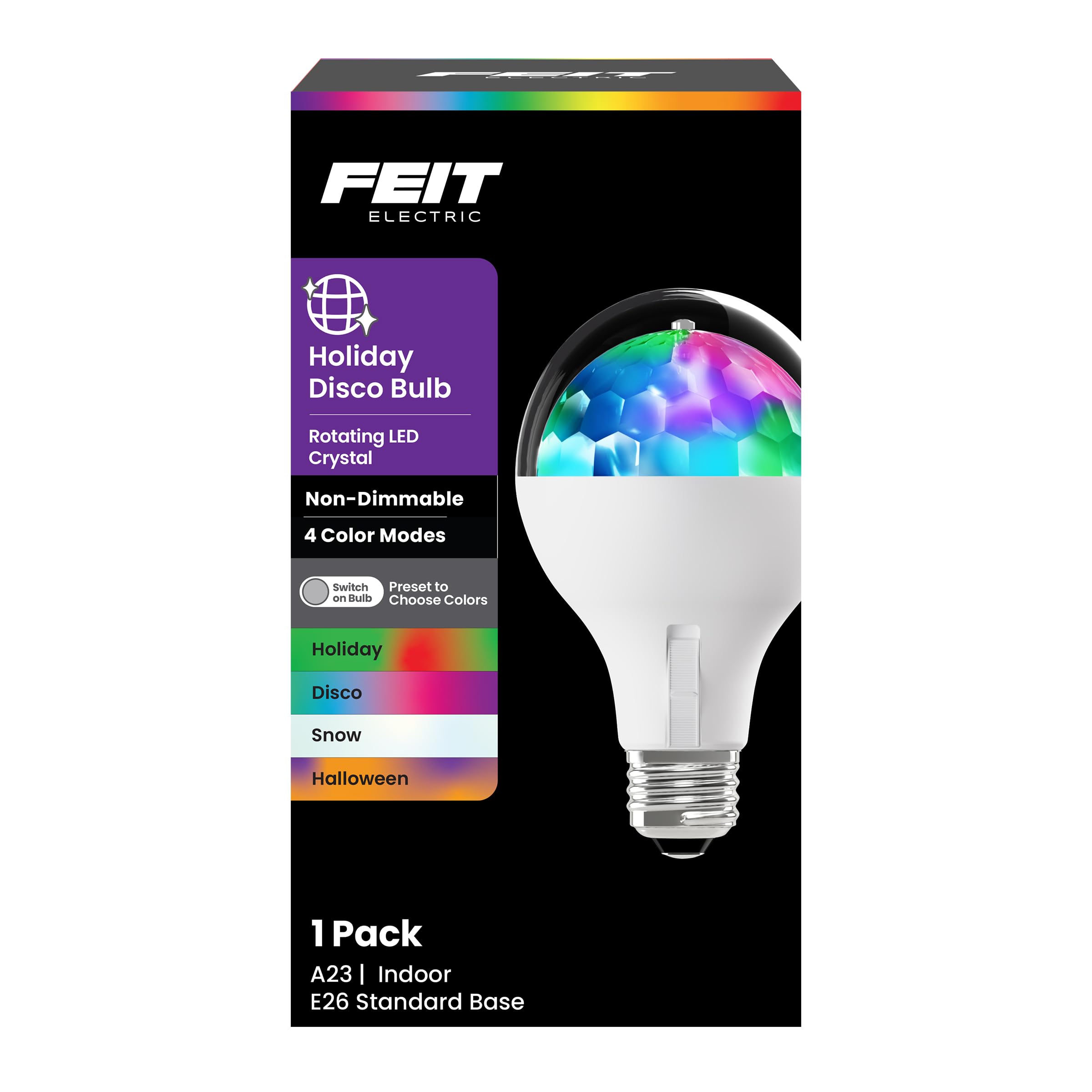Feit Electric LED Disco Light Bulb, Rotating Multi-Color with 4 Modes (Disco, Snow, Holiday, Halloween), Easy Screw-in Base, 10,000-Hour Lifetime, Perfect for Parties &amp; Home Ambiance, DISCO/4M/LED