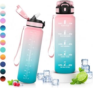 Trinkflasche 1L, Wasserflasche mit Strohhalm & Zeitmarkierung, Kohlensäure Geeignet, BPA-frei, Sportflasche für Gym, Camping, Wandern, Fahrrad, Yoga